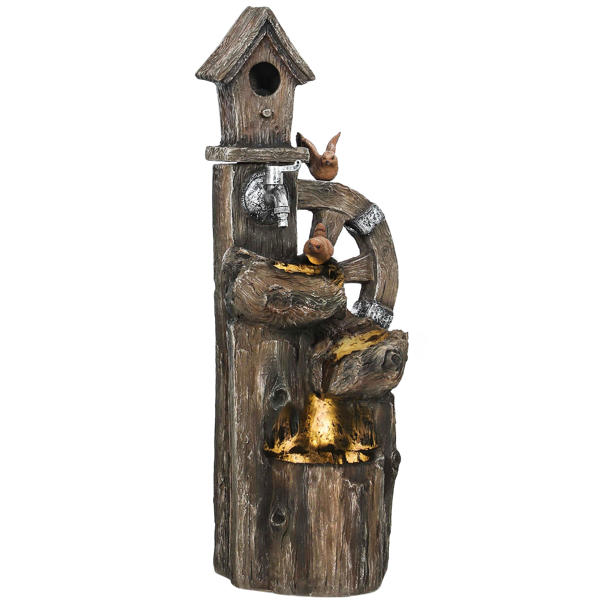 Outsunny Fuente de Agua 2 en 1 con Casita para Pájaros Fuente de Jardín con Iluminación LED Fuente Decorativa en Cascada de 4 Niveles para Jardín Patio Terraza 34,5x29,5x92 cm Multicolor