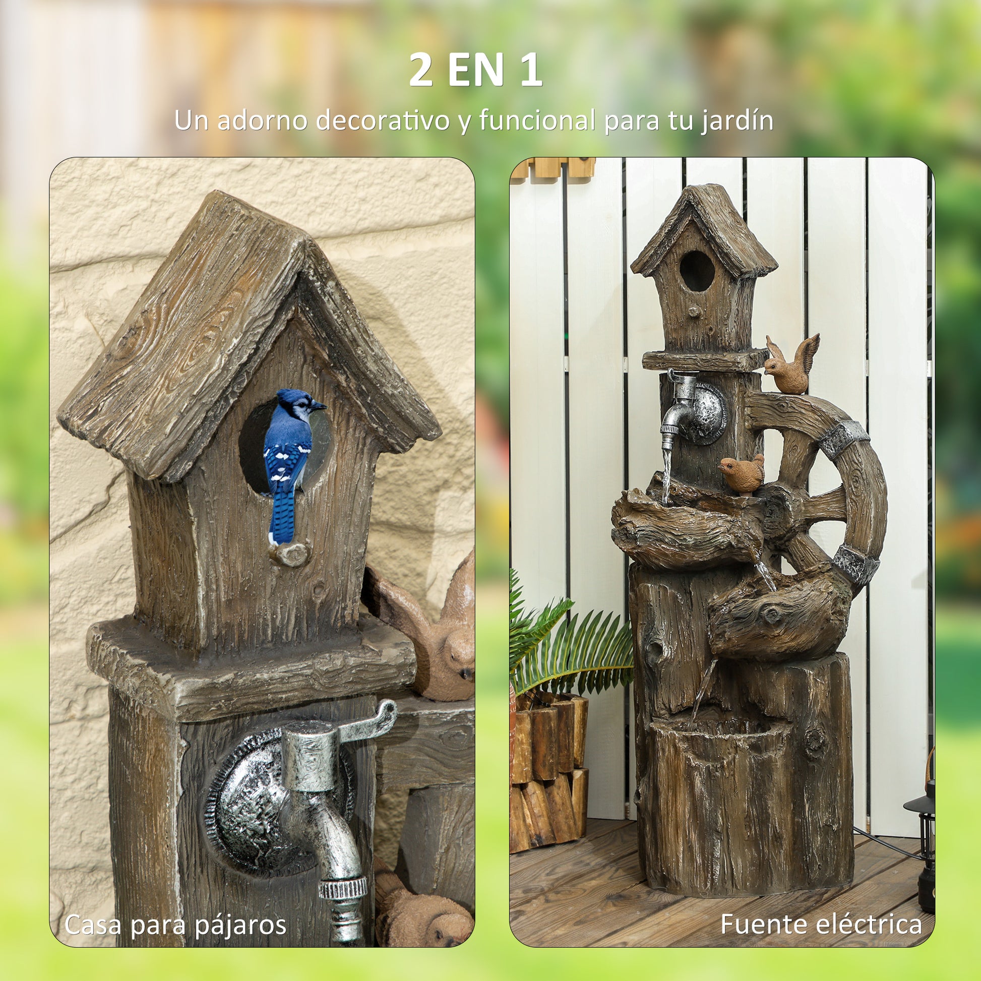 Outsunny Fuente de Agua 2 en 1 con Casita para Pájaros Fuente de Jardín con Iluminación LED Fuente Decorativa en Cascada de 4 Niveles para Jardín Patio Terraza 34,5x29,5x92 cm Multicolor