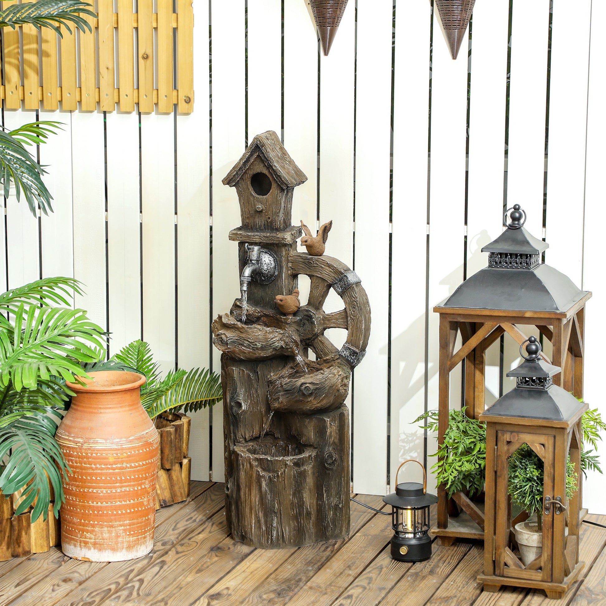 Outsunny Fuente de Agua 2 en 1 con Casita para Pájaros Fuente de Jardín con Iluminación LED Fuente Decorativa en Cascada de 4 Niveles para Jardín Patio Terraza 34,5x29,5x92 cm Multicolor