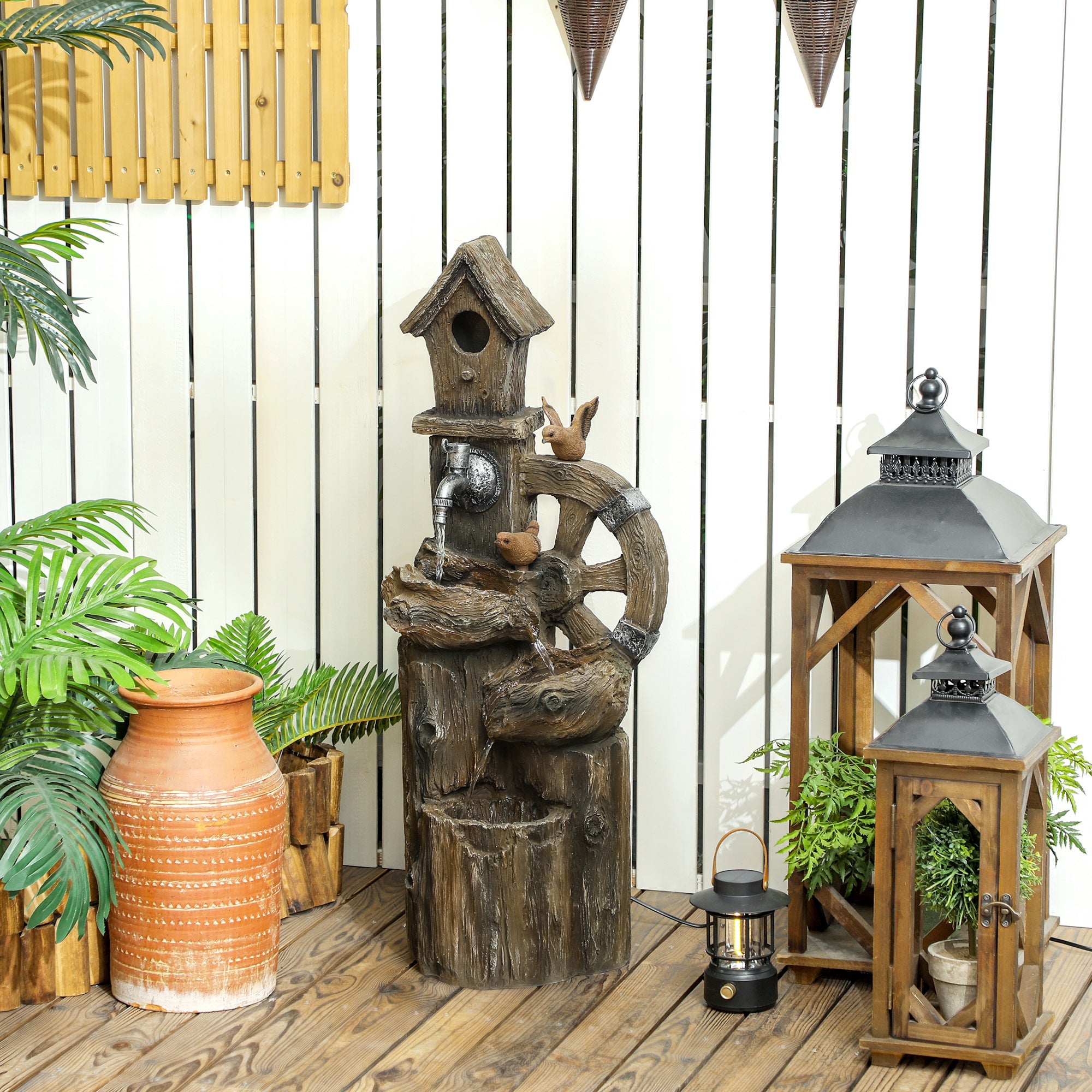 Outsunny Fuente de Agua 2 en 1 con Casita para Pájaros Fuente de Jardín con Iluminación LED Fuente Decorativa en Cascada de 4 Niveles para Jardín Patio Terraza 34,5x29,5x92 cm Multicolor