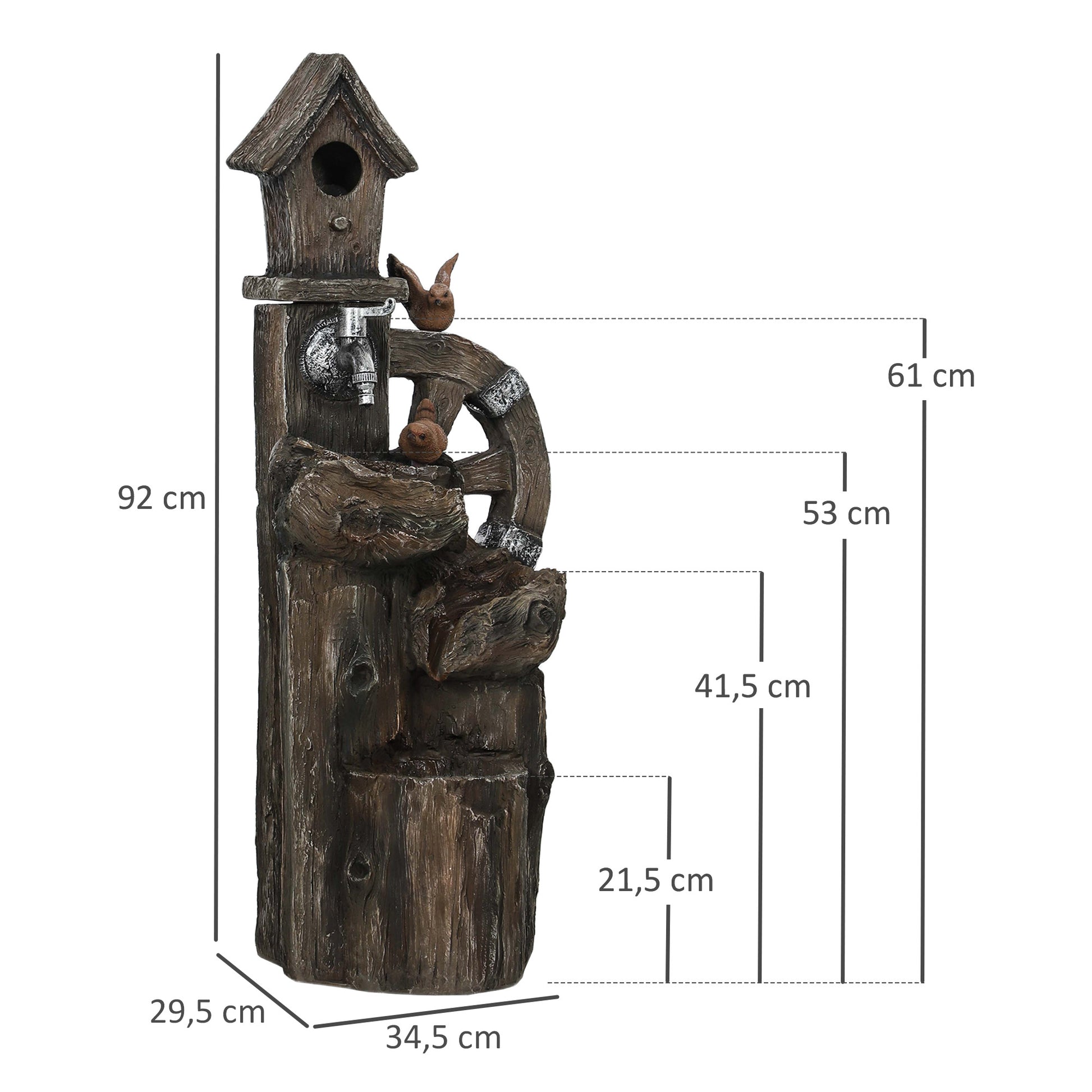Outsunny Fuente de Agua 2 en 1 con Casita para Pájaros Fuente de Jardín con Iluminación LED Fuente Decorativa en Cascada de 4 Niveles para Jardín Patio Terraza 34,5x29,5x92 cm Multicolor