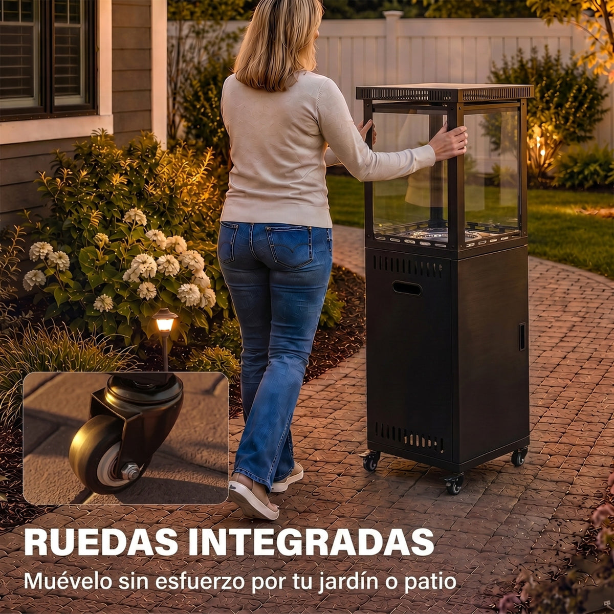 Outsunny Estufa de Gas Butano Exterior, 13 kW, Calefactor de Gas Terraza con Regulación Continua del Calor, Encendido Piezoeléctrico, Antivuelco, 4 Ruedas, Vidrio Templado y Piedras Lava, 30 m² Negro