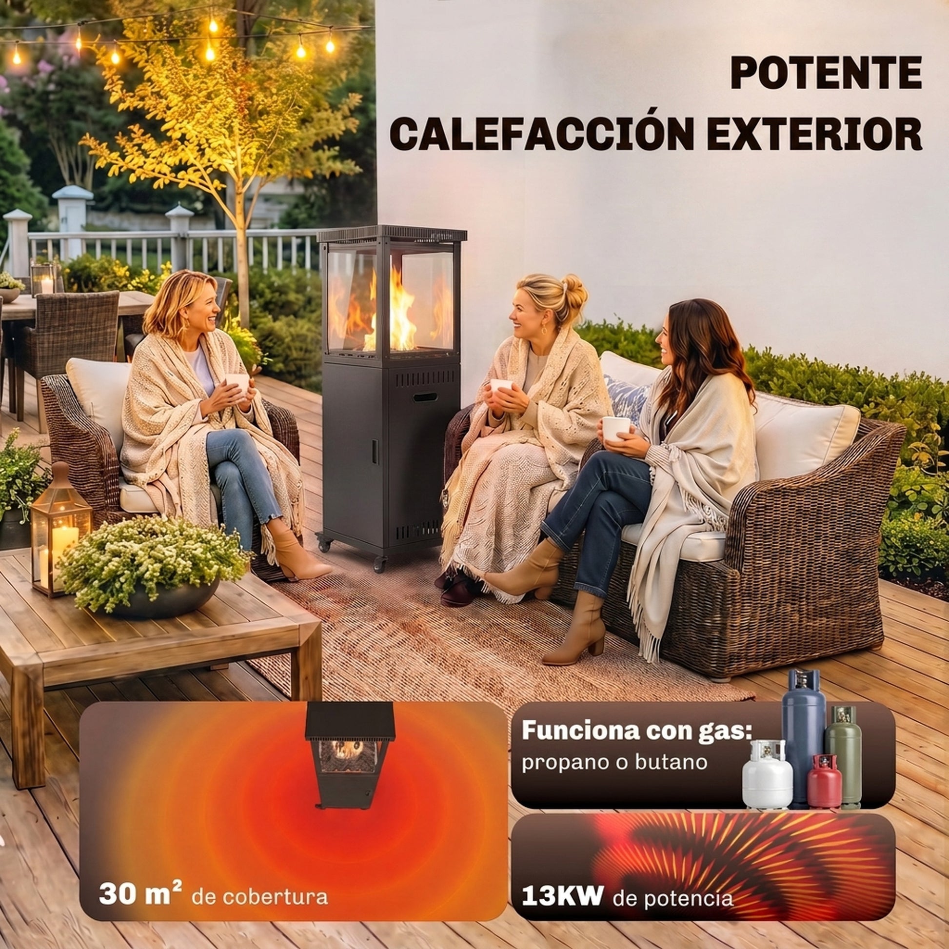 Outsunny Estufa de Gas Butano Exterior, 13 kW, Calefactor de Gas Terraza con Regulación Continua del Calor, Encendido Piezoeléctrico, Antivuelco, 4 Ruedas, Vidrio Templado y Piedras Lava, 30 m² Negro