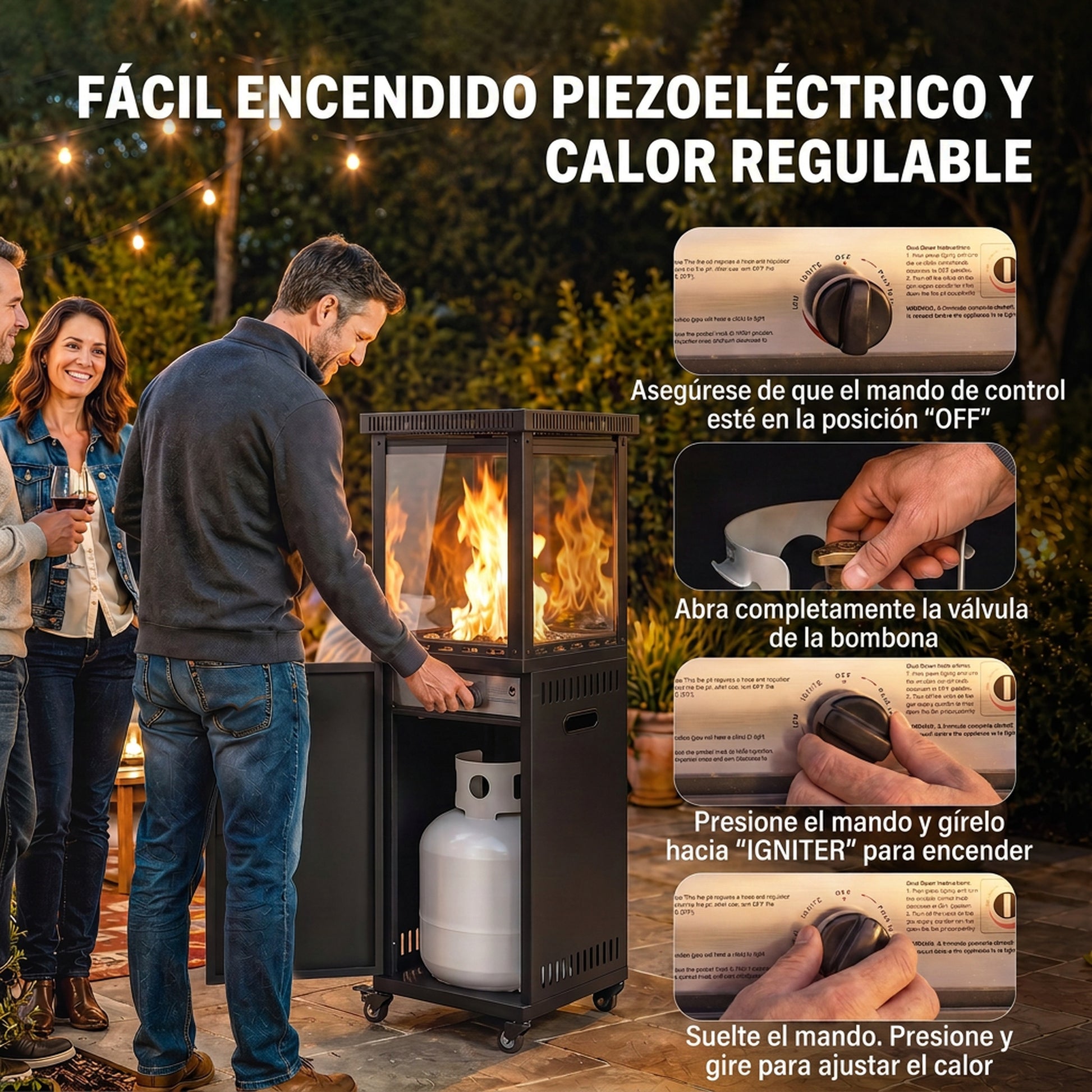 Outsunny Estufa de Gas Butano Exterior, 13 kW, Calefactor de Gas Terraza con Regulación Continua del Calor, Encendido Piezoeléctrico, Antivuelco, 4 Ruedas, Vidrio Templado y Piedras Lava, 30 m² Negro