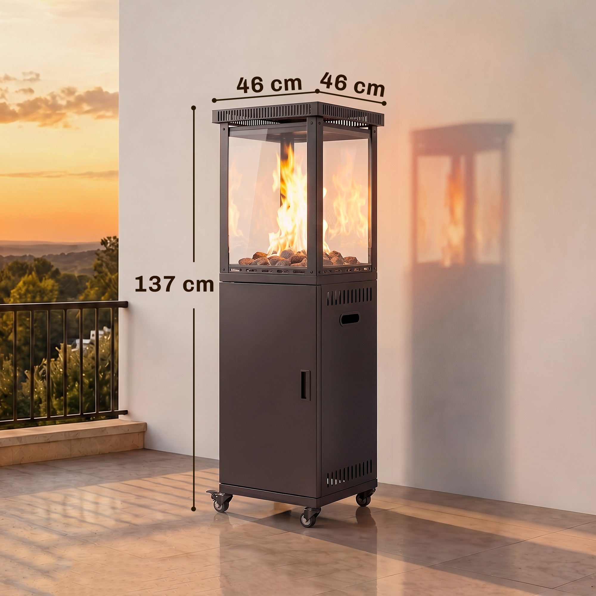 Outsunny Estufa de Gas Butano Exterior, 13 kW, Calefactor de Gas Terraza con Regulación Continua del Calor, Encendido Piezoeléctrico, Antivuelco, 4 Ruedas, Vidrio Templado y Piedras Lava, 30 m² Negro