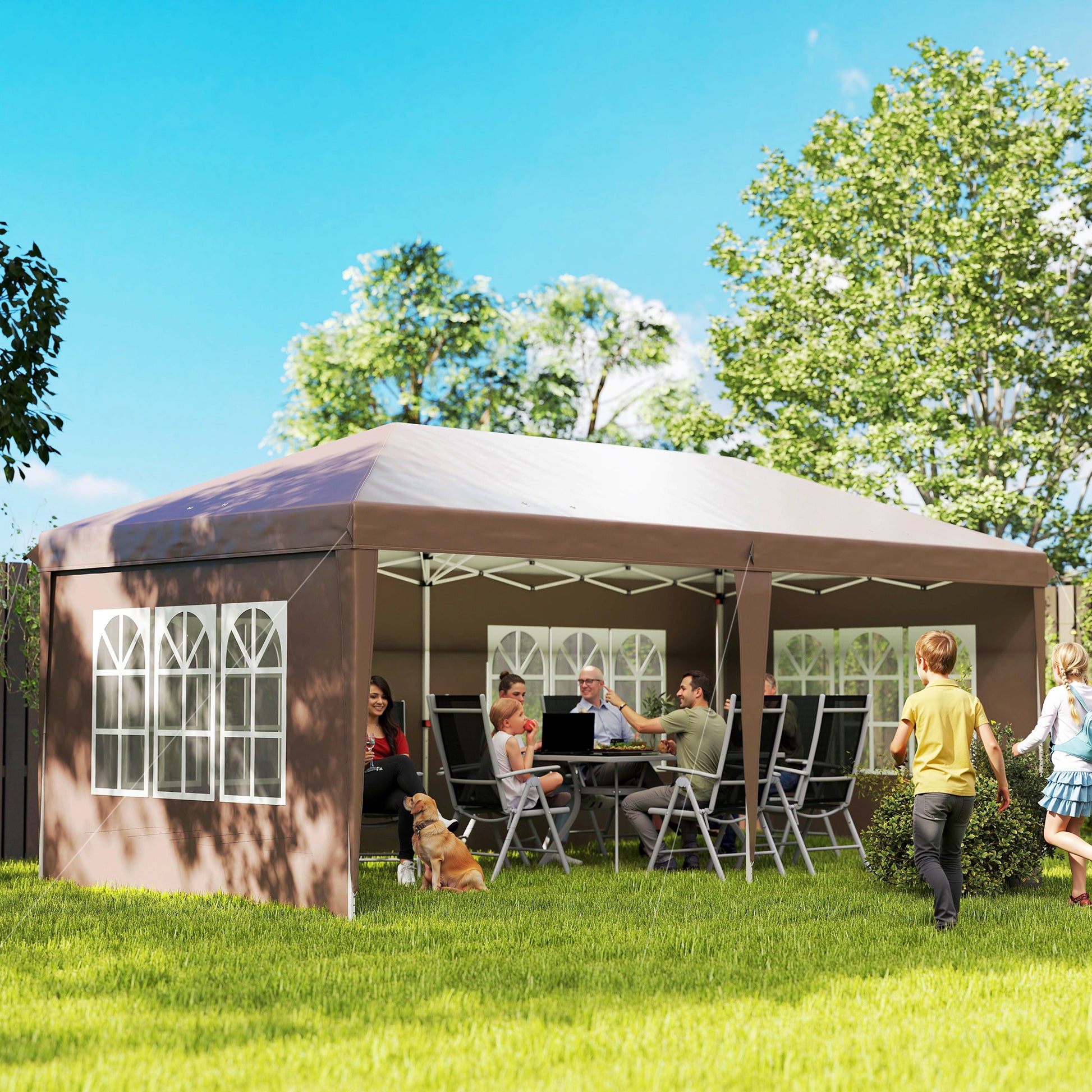 Outsunny Carpa Plegable 6x3 m, Pop-up, con 4 Laterales Desmontables, Cenador de Jardín con 4 Ventanas Visibles y Bolsa de Transporte, Impermeable, Anti-UV, Gazebo para Camping, Fiestas, Exterior, Café