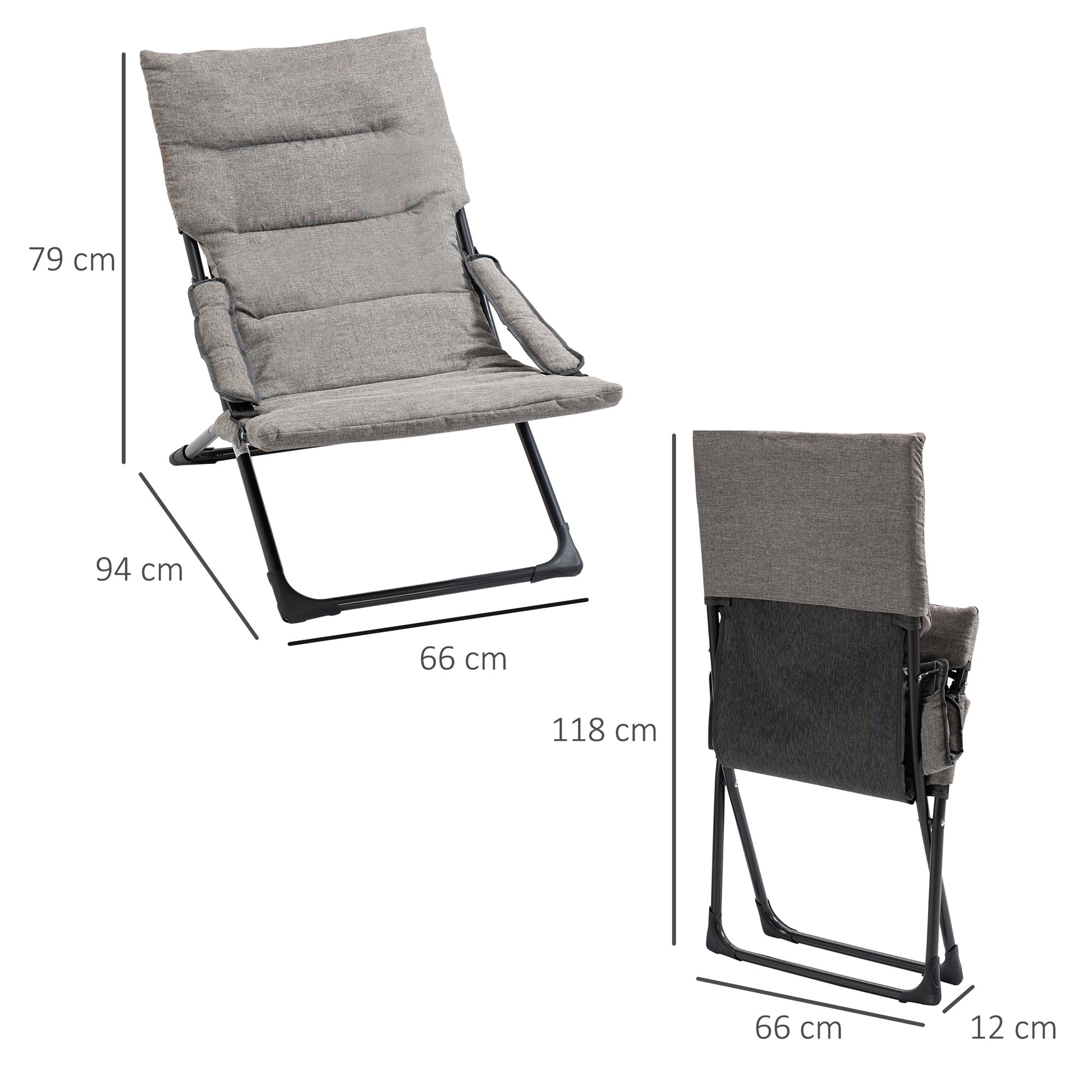 Outsunny 2 en 1 Silla de Camping Plegable Silla de Jardín Portátil con Cojín Acolchado Extraíble y Reposabrazos Marco de Acero para Terraza Playa Exterior 66x94x79 cm Gris