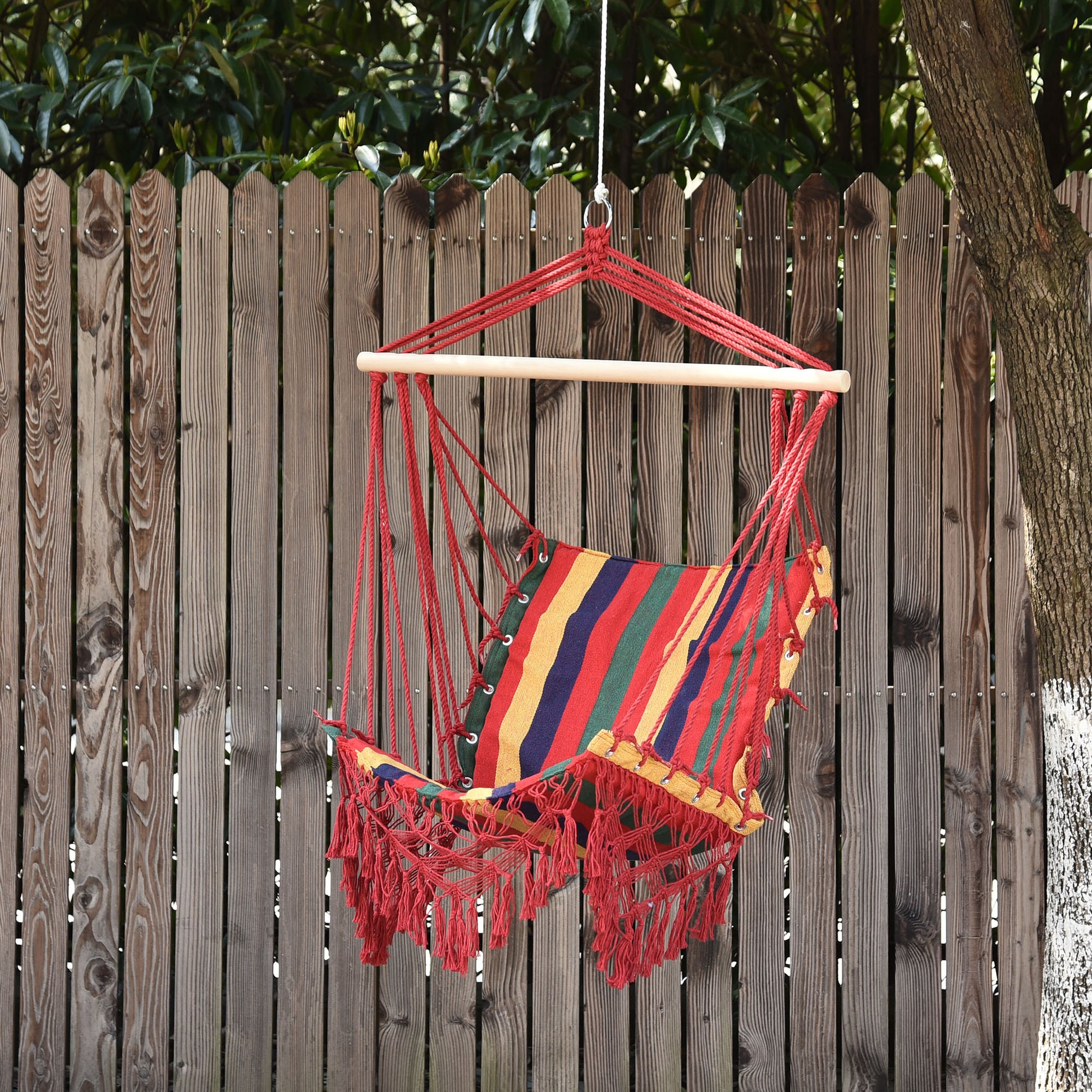 Outsunny Silla Hamaca Colgante Tejido de Algodón Poliéster Carga 100 kg Sillón Colgante para Interior Exterior Terraza 100x60x100 cm Multicolor