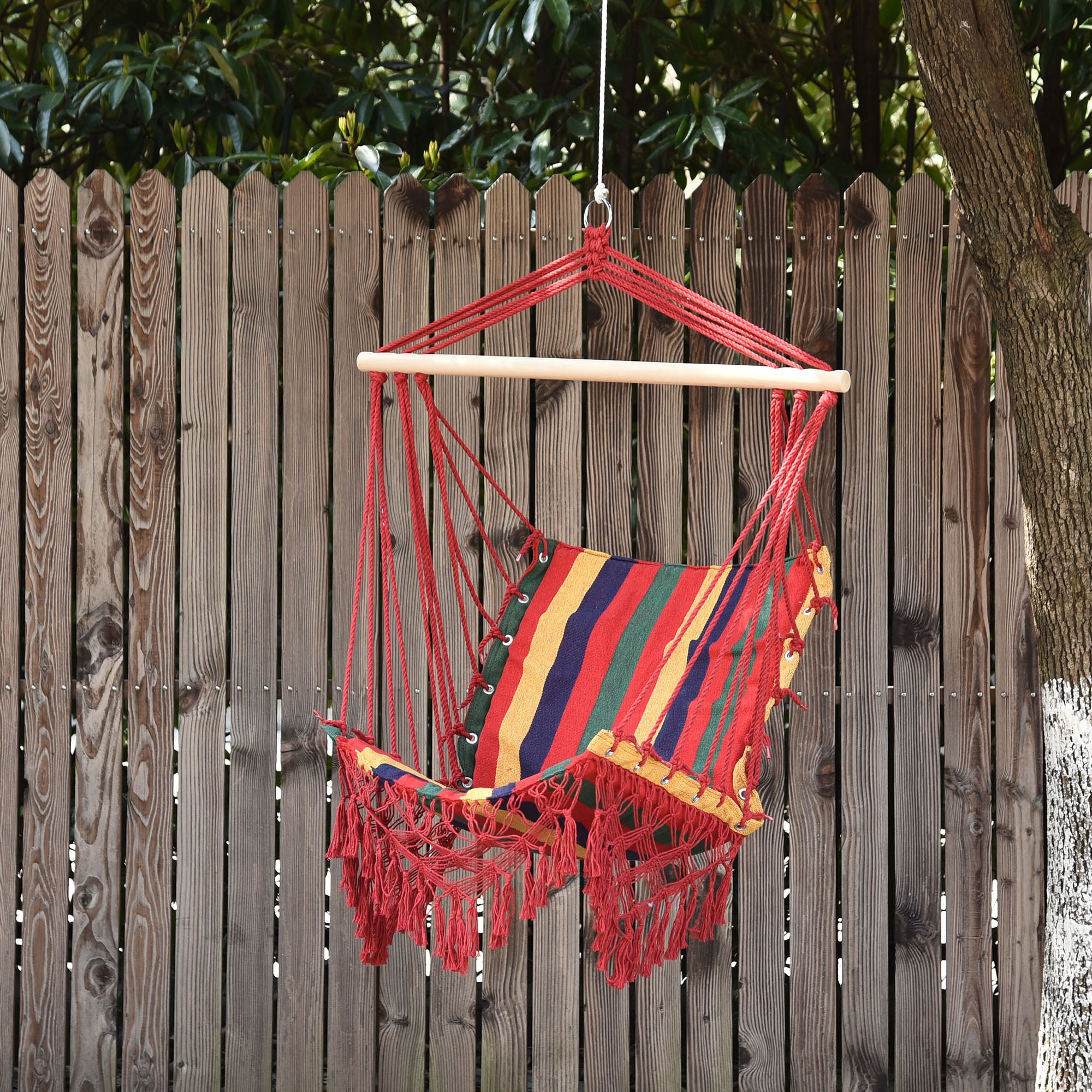 Outsunny Silla Hamaca Colgante Tejido de Algodón Poliéster Carga 100 kg Sillón Colgante para Interior Exterior Terraza 100x60x100 cm Multicolor