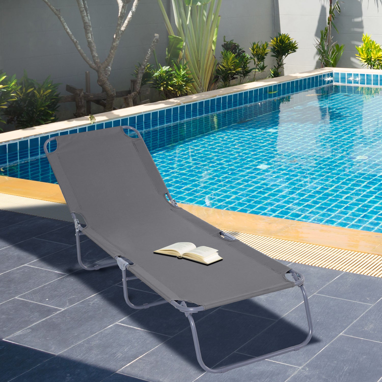 Outsunny Tumbona Plegable Tumbona Jardín Exterior con Respaldo Ajustable en 5 Posiciones y Estructura Metálica Carga 120 kg para Terraza Piscina Playa 187x55x24 cm Gris