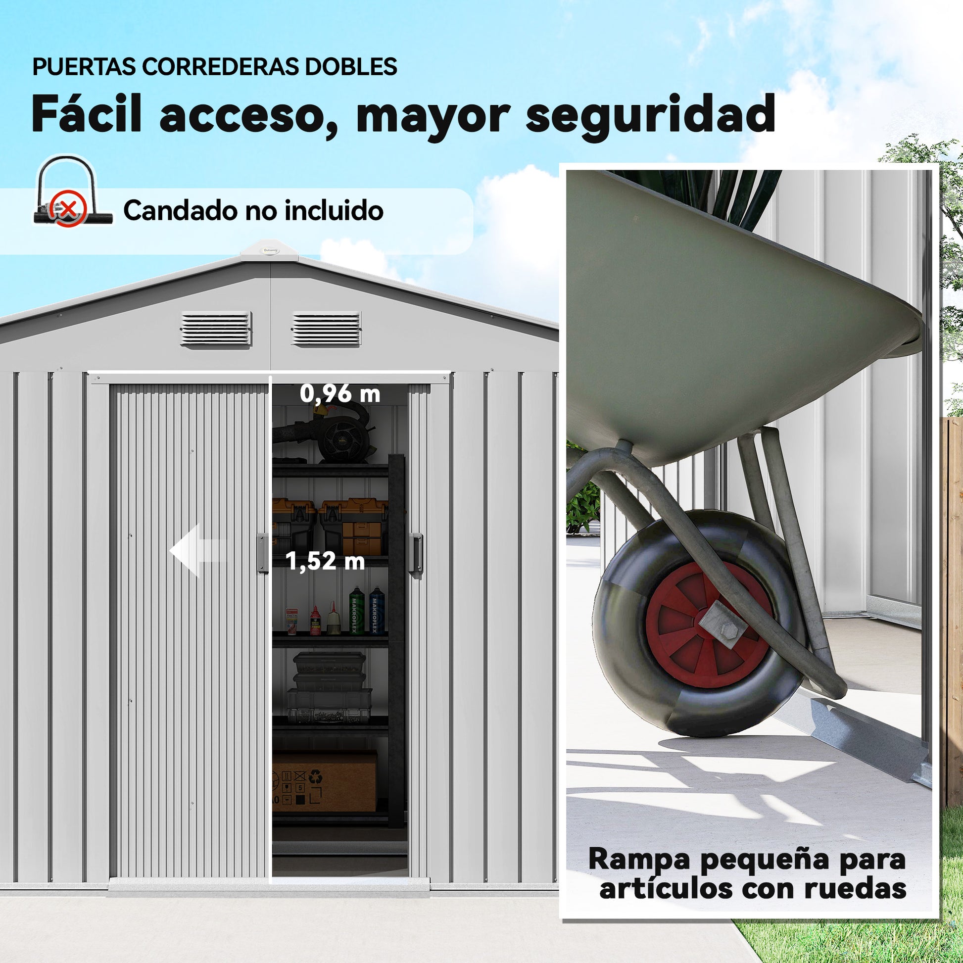 Outsunny Caseta de Jardín Exterior 4,9 m², 277x195x192 cm, Cobertizo de Jardín Exterior Metálico con Puerta Corredera, Ventilación y Kit de Fundación, para Almacenamiento de Herramientas, Gris