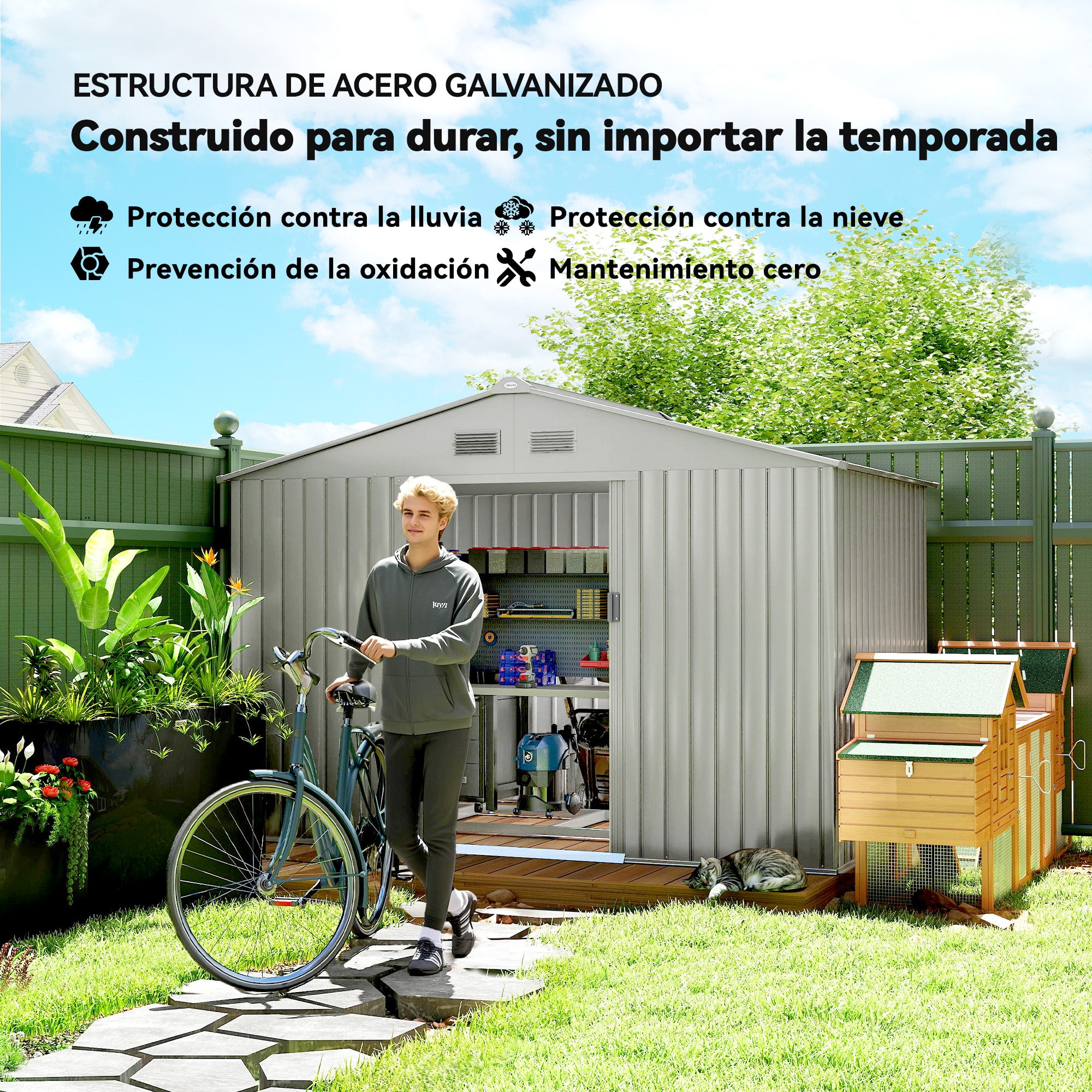 Outsunny Caseta de Jardín Exterior 4,9 m², 277x195x192 cm, Cobertizo de Jardín Exterior Metálico con Puerta Corredera, Ventilación y Kit de Fundación, para Almacenamiento de Herramientas, Gris