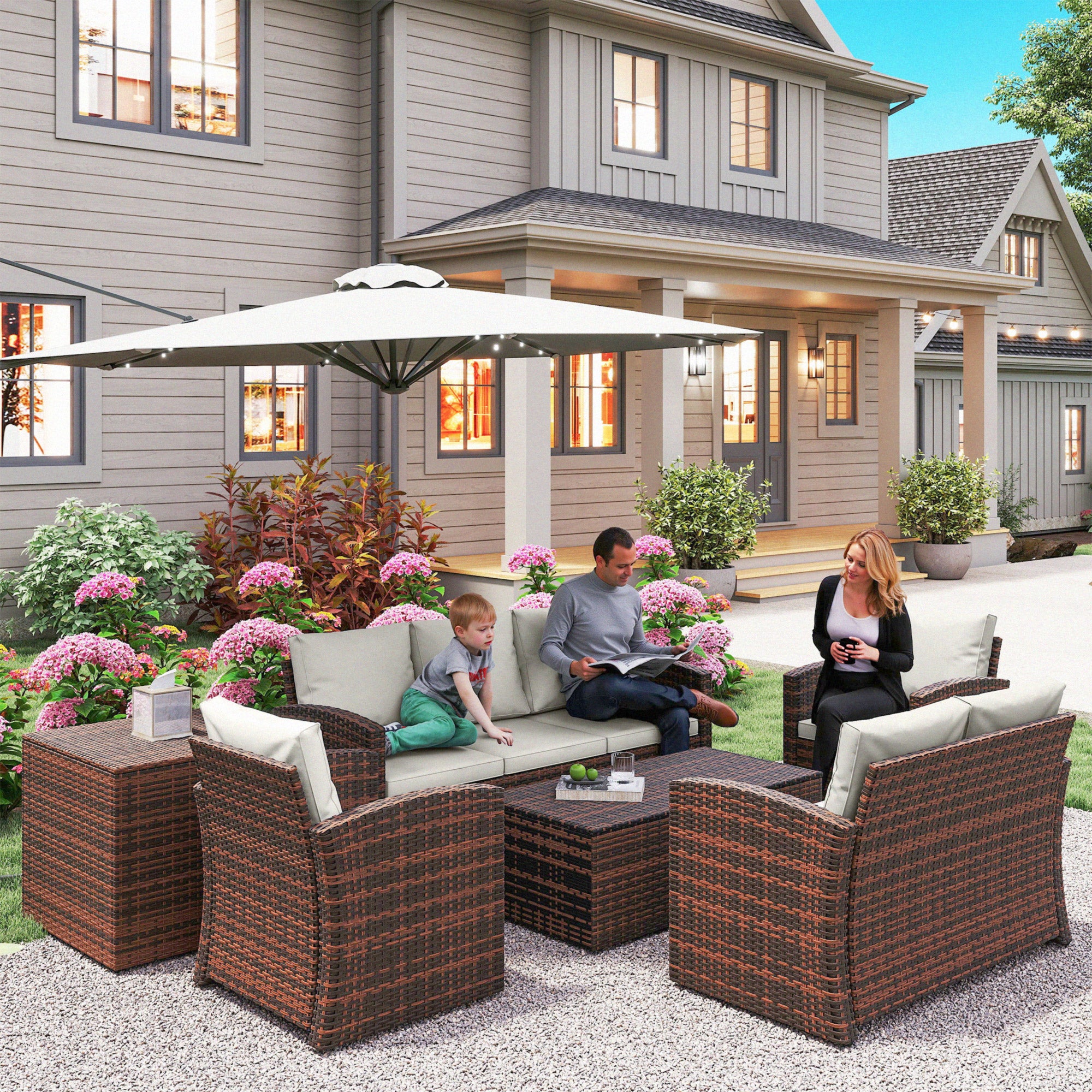 Outsunny Conjunto de Jardín Exterior de Ratán, Conjunto Terraza, Muebles Jardín Exterior 6 Piezas Incluye Cojines, Sofá Doble, Sofá 3 Plazas, 2 Sillones, 2 Mesas Auxiliares con Almacenamiento, Beige