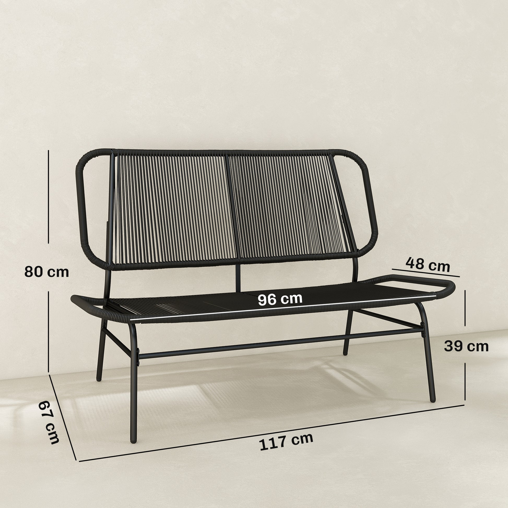 Outsunny Sofá Exterior de Ratán de 2 Plazas, Sofá de Jardín Exterior con Asiento y Respaldo Tejidos de Ratán PE, Estructura de Acero, Carga 240 kg, para Balcón, Porche, Patio, Negro