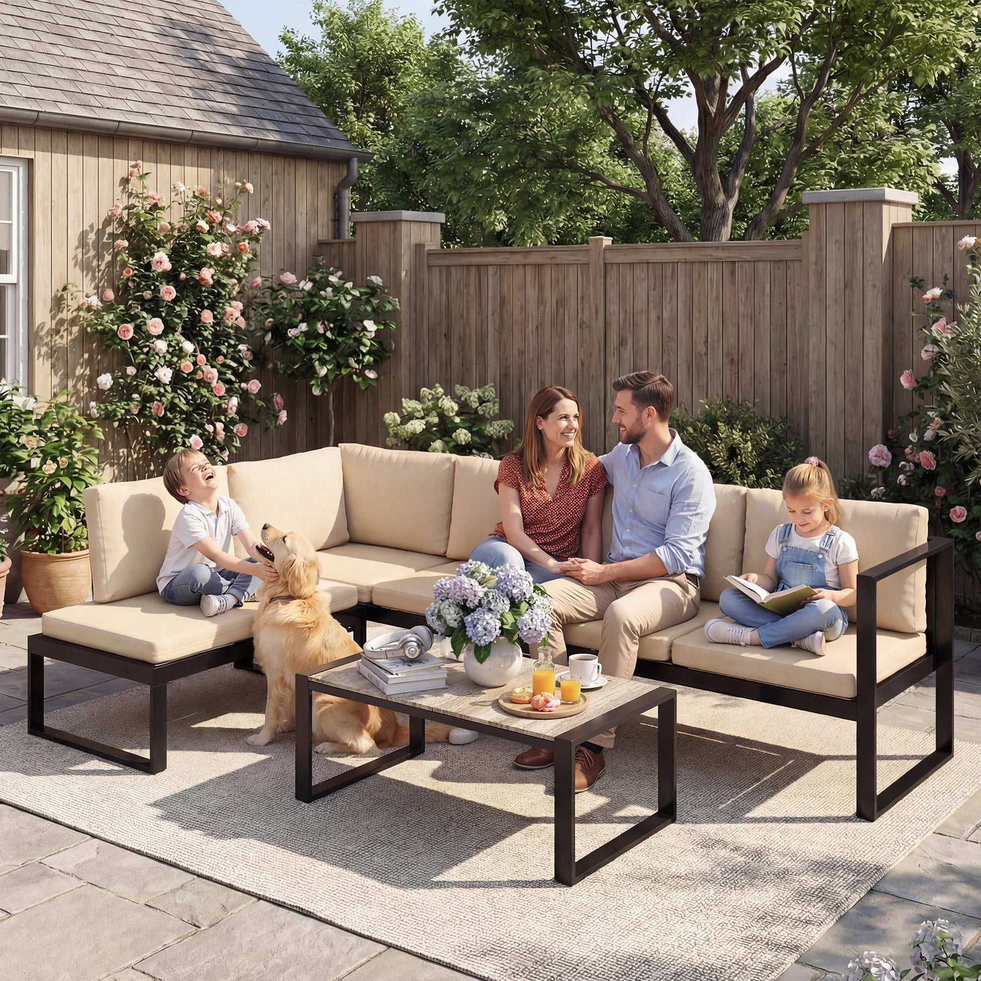 Outsunny Conjunto de Jardín Exterior de 4 Piezas, Muebles Jardín Exterior con 2 Sofás de 2 Plazas, 1 Sillón sin Brazos y Mesa de Centro, Conjunto de Sofá con Estructura de Acero y Cojines, Caqui