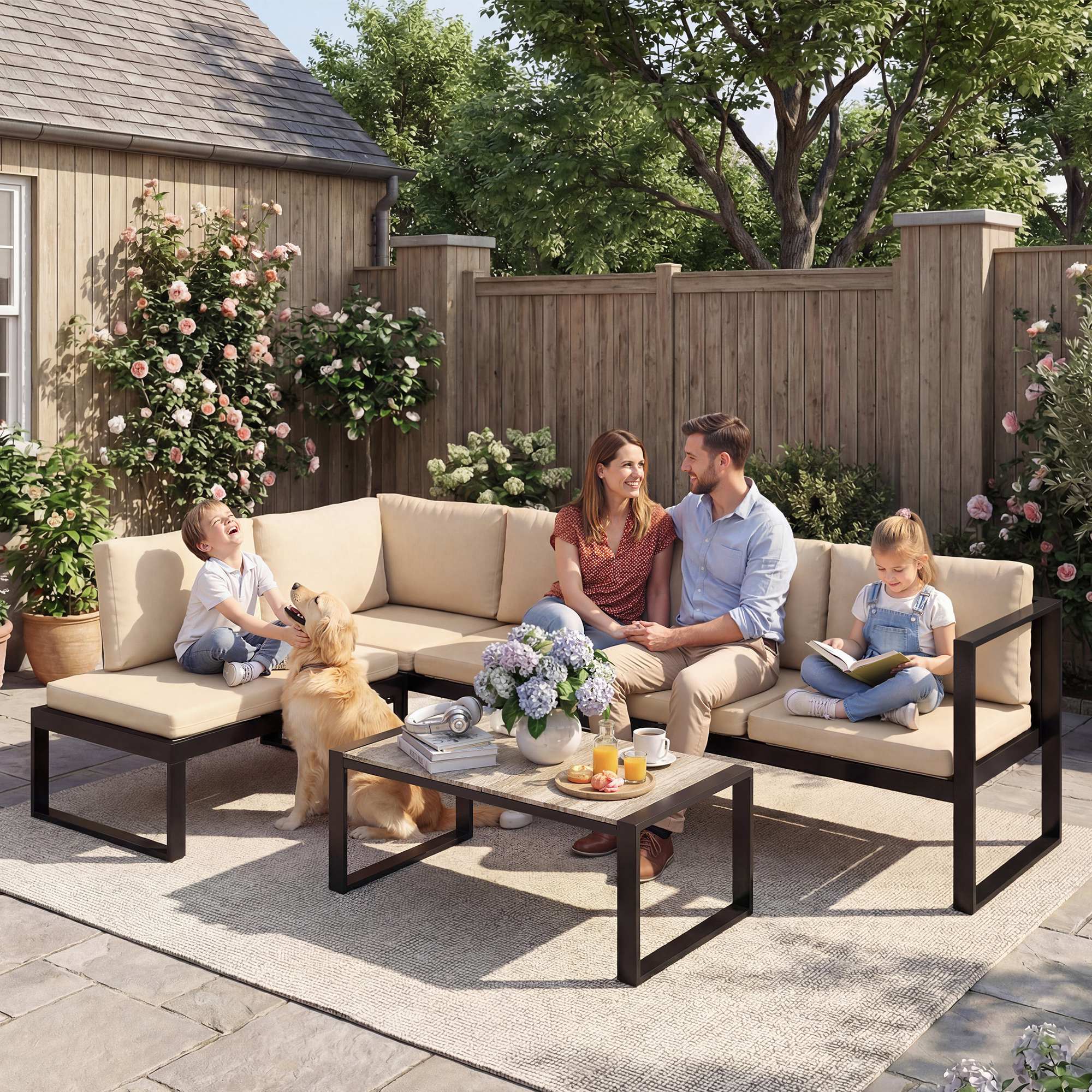 Outsunny Conjunto de Jardín Exterior de 4 Piezas, Muebles Jardín Exterior con 2 Sofás de 2 Plazas, 1 Sillón sin Brazos y Mesa de Centro, Conjunto de Sofá con Estructura de Acero y Cojines, Caqui