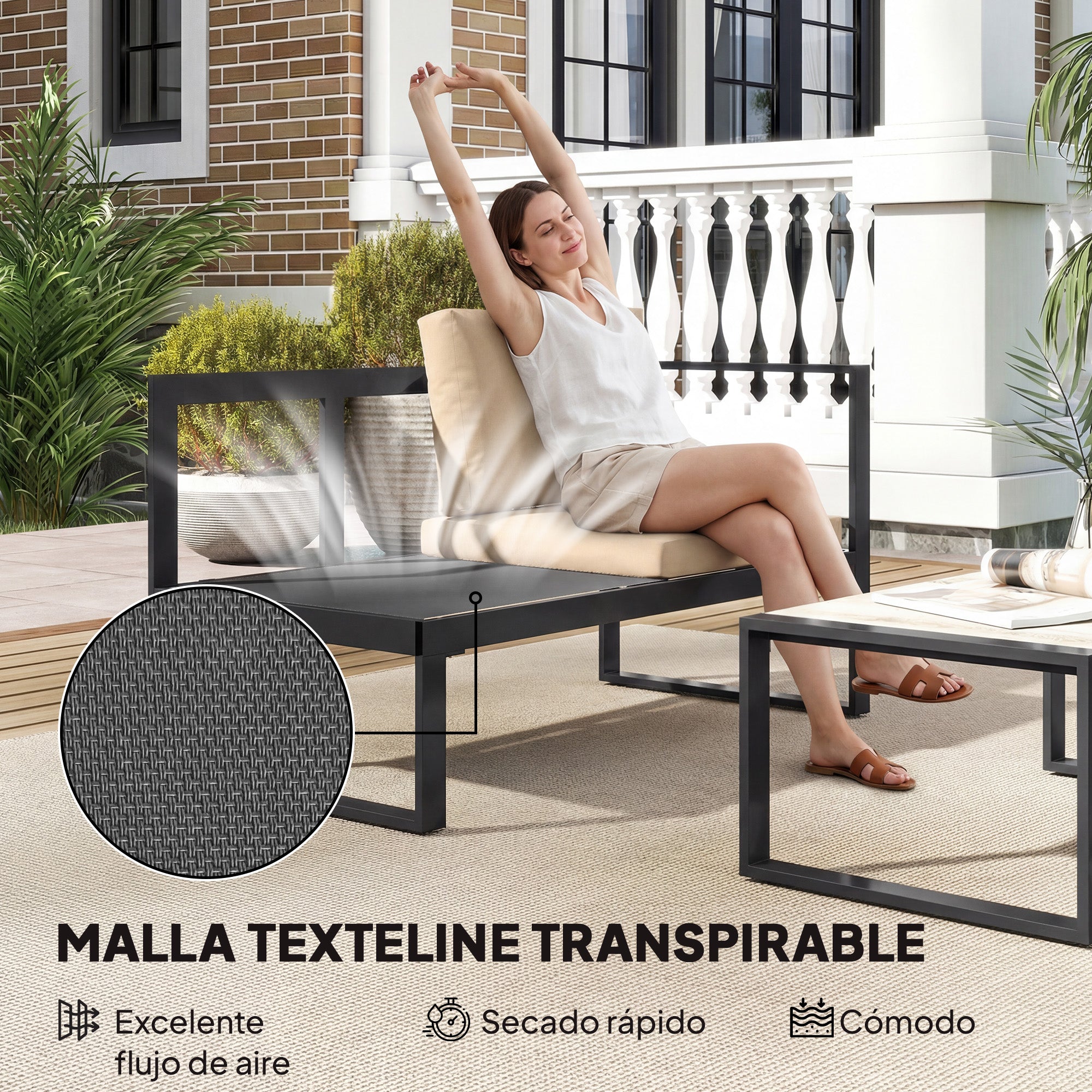 Outsunny Conjunto de Jardín Exterior de 4 Piezas, Muebles Jardín Exterior con 2 Sofás de 2 Plazas, 1 Sillón sin Brazos y Mesa de Centro, Conjunto de Sofá con Estructura de Acero y Cojines, Caqui