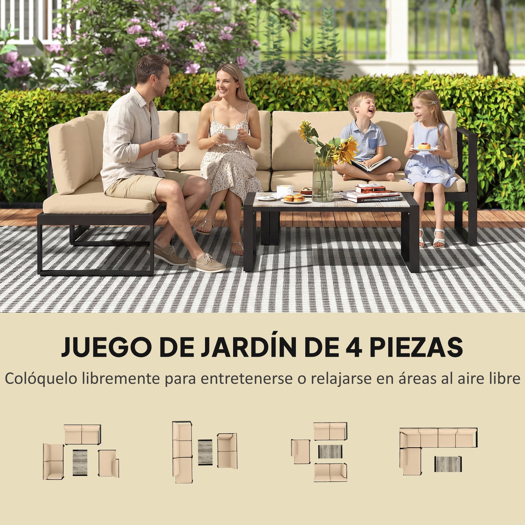 Outsunny Conjunto de Jardín Exterior de 4 Piezas, Muebles Jardín Exterior con 2 Sofás de 2 Plazas, 1 Sillón sin Brazos y Mesa de Centro, Conjunto de Sofá con Estructura de Acero y Cojines, Caqui