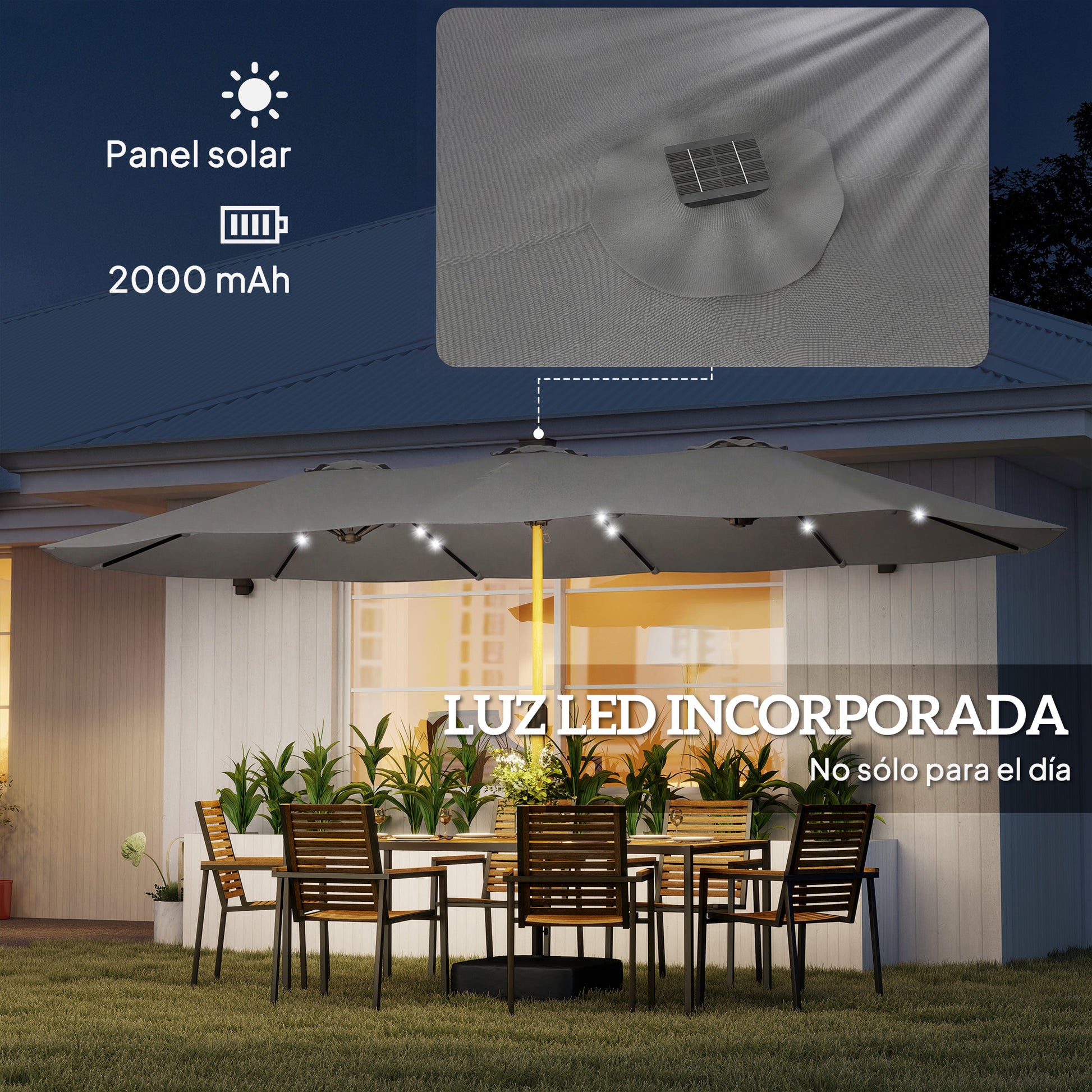 Outsunny Sombrilla Doble con 48 Luces LED, 4,6x2,6 m, Sombrilla Terraza Exterior con Base Incluida, Manivela, Sacos Arena, Funda, Anti-UV, Resistente al Agua, Parasol para Jardín, Terraza, Gris