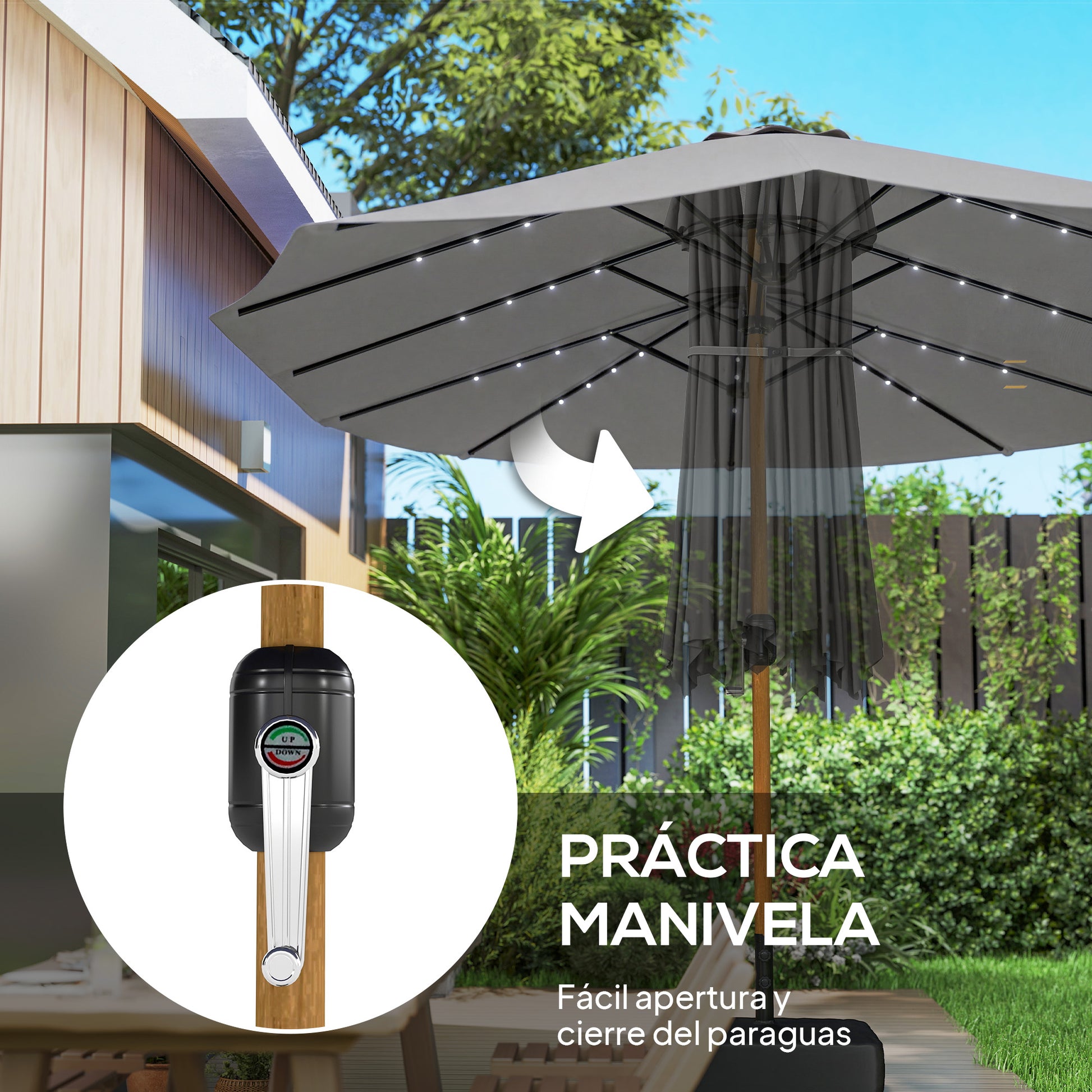 Outsunny Sombrilla Doble con 48 Luces LED, 4,6x2,6 m, Sombrilla Terraza Exterior con Base Incluida, Manivela, Sacos Arena, Funda, Anti-UV, Resistente al Agua, Parasol para Jardín, Terraza, Gris