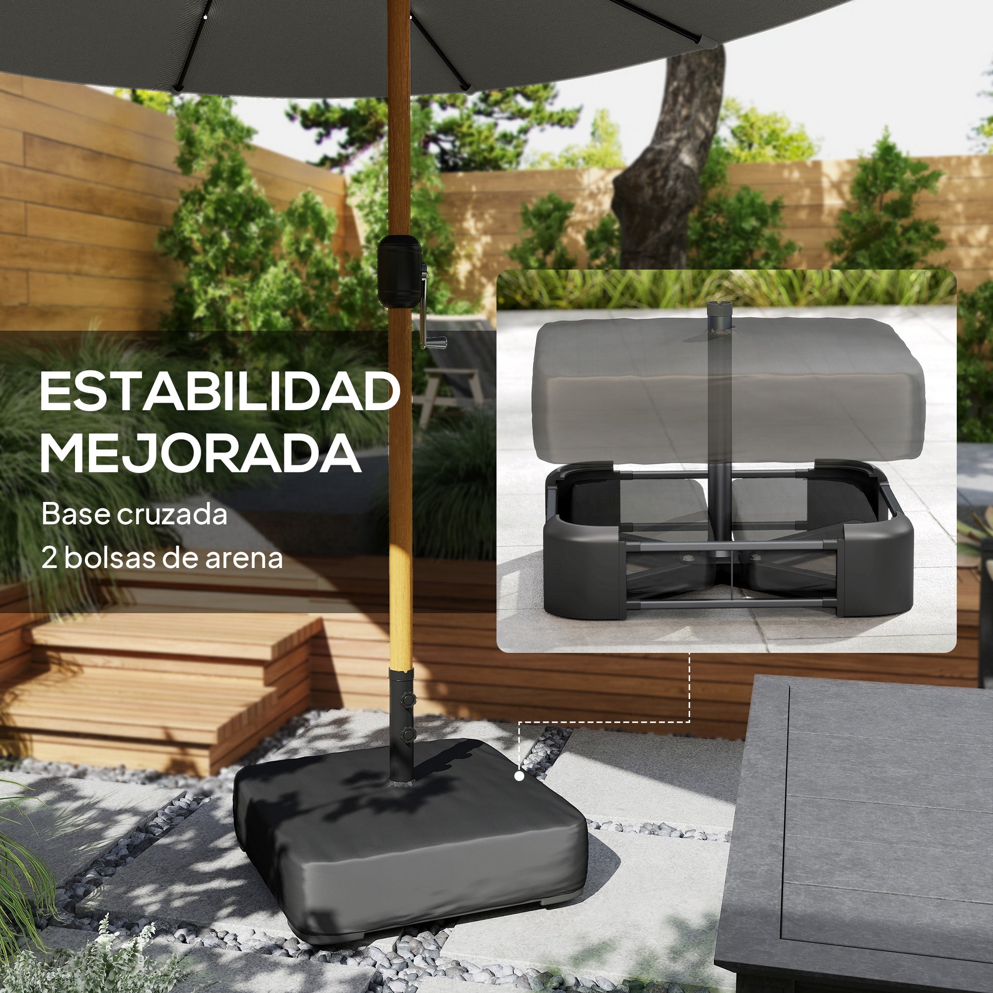 Outsunny Sombrilla Doble con 48 Luces LED, 4,6x2,6 m, Sombrilla Terraza Exterior con Base Incluida, Manivela, Sacos Arena, Funda, Anti-UV, Resistente al Agua, Parasol para Jardín, Terraza, Gris