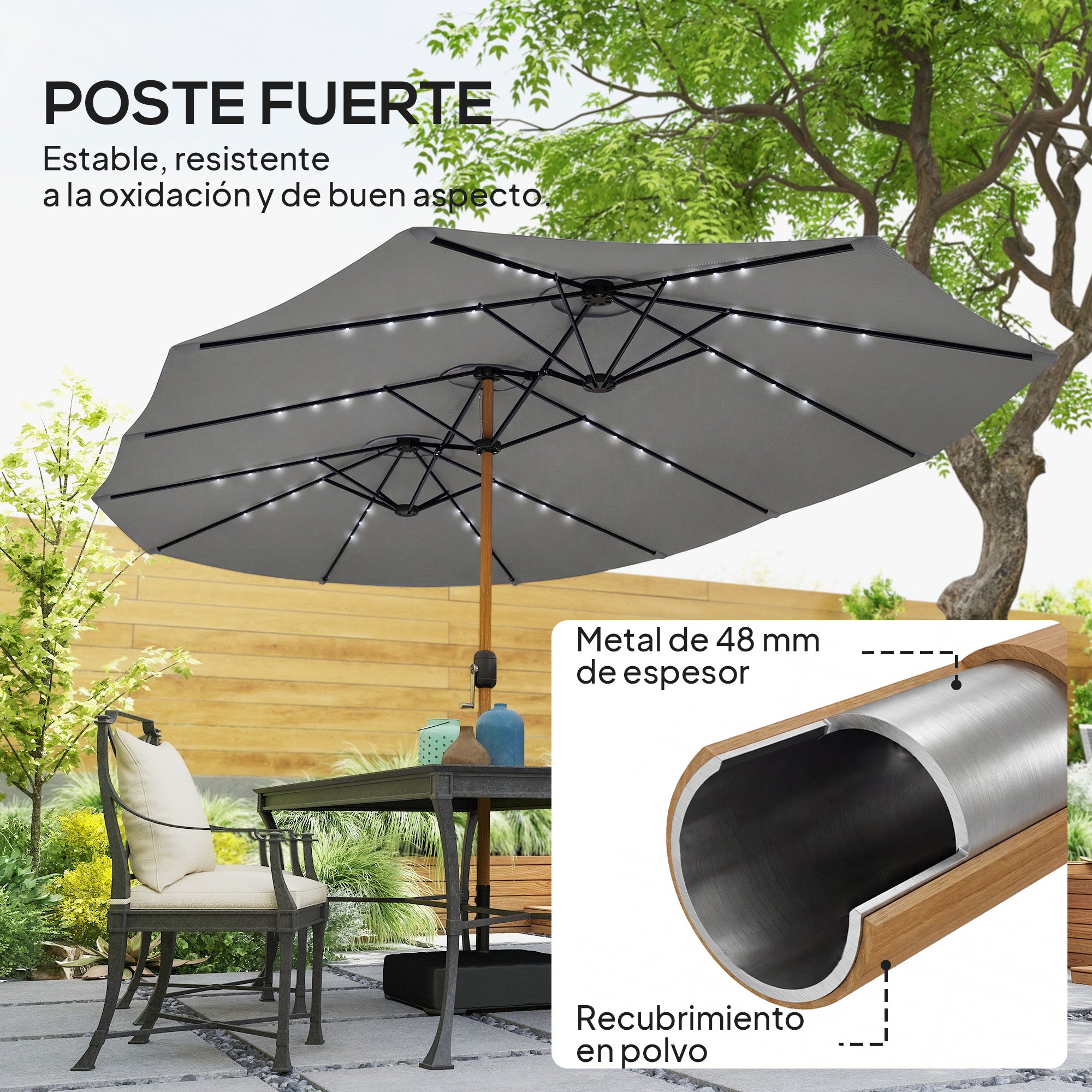 Outsunny Sombrilla Doble con 48 Luces LED, 4,6x2,6 m, Sombrilla Terraza Exterior con Base Incluida, Manivela, Sacos Arena, Funda, Anti-UV, Resistente al Agua, Parasol para Jardín, Terraza, Gris