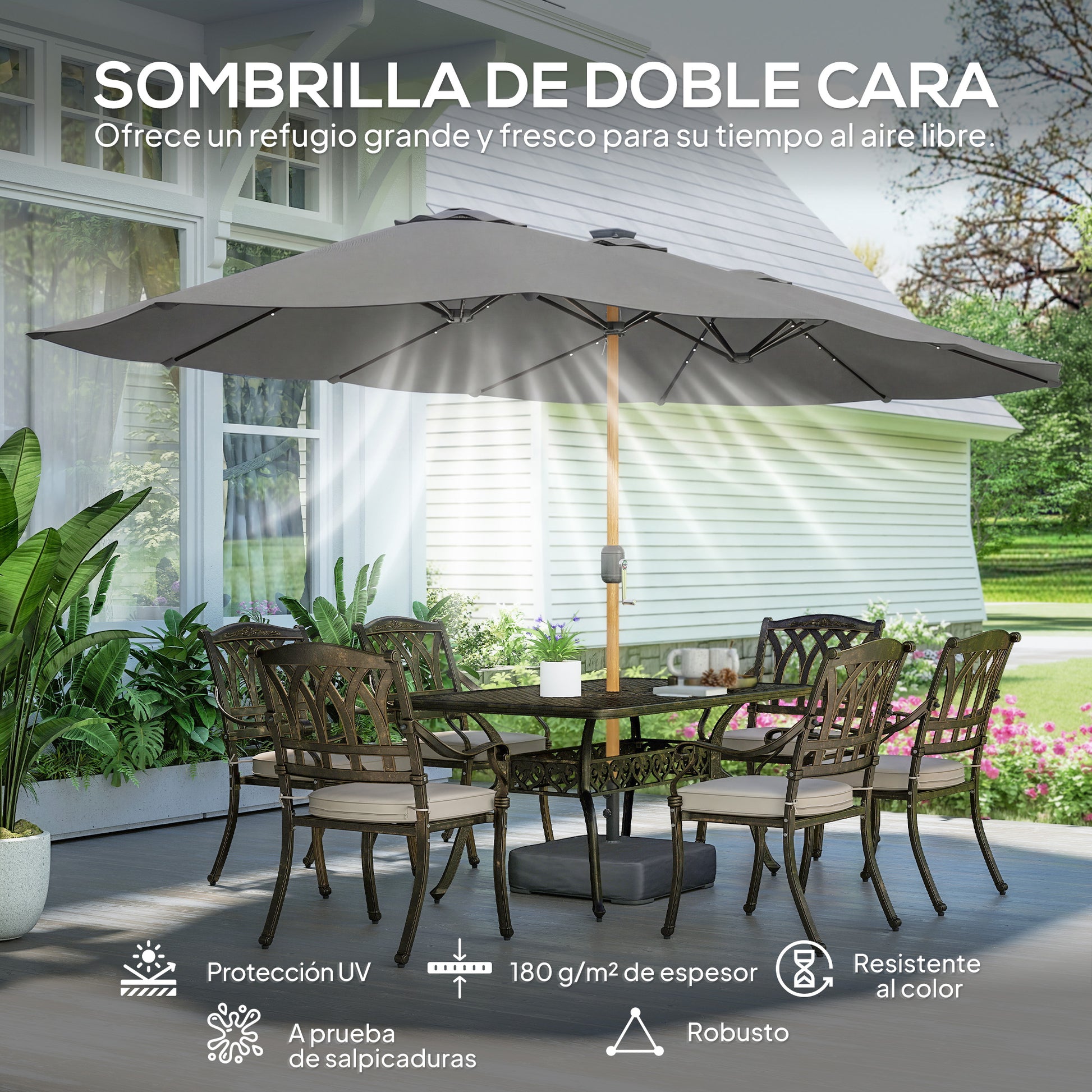 Outsunny Sombrilla Doble con 48 Luces LED, 4,6x2,6 m, Sombrilla Terraza Exterior con Base Incluida, Manivela, Sacos Arena, Funda, Anti-UV, Resistente al Agua, Parasol para Jardín, Terraza, Gris