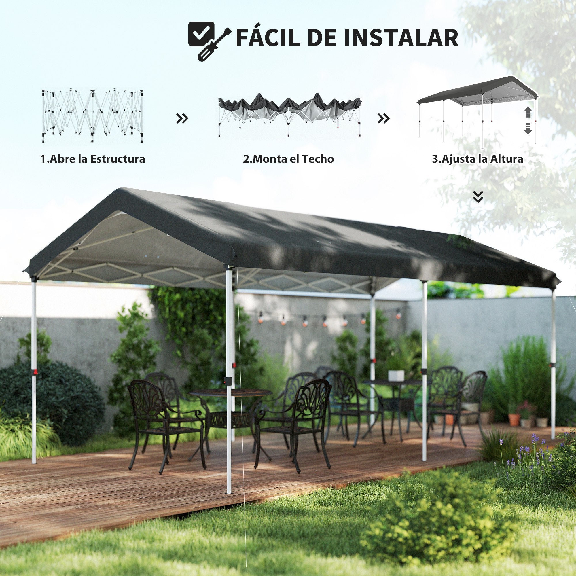 Outsunny Carpa Plegable 6x3 m Cenador de Jardín con Altura Ajustable en 3 Niveles Protección UV50+ Impermeable y Bolsa de Transporte Gazebo para Exterior Fiestas Camping Gris Oscuro