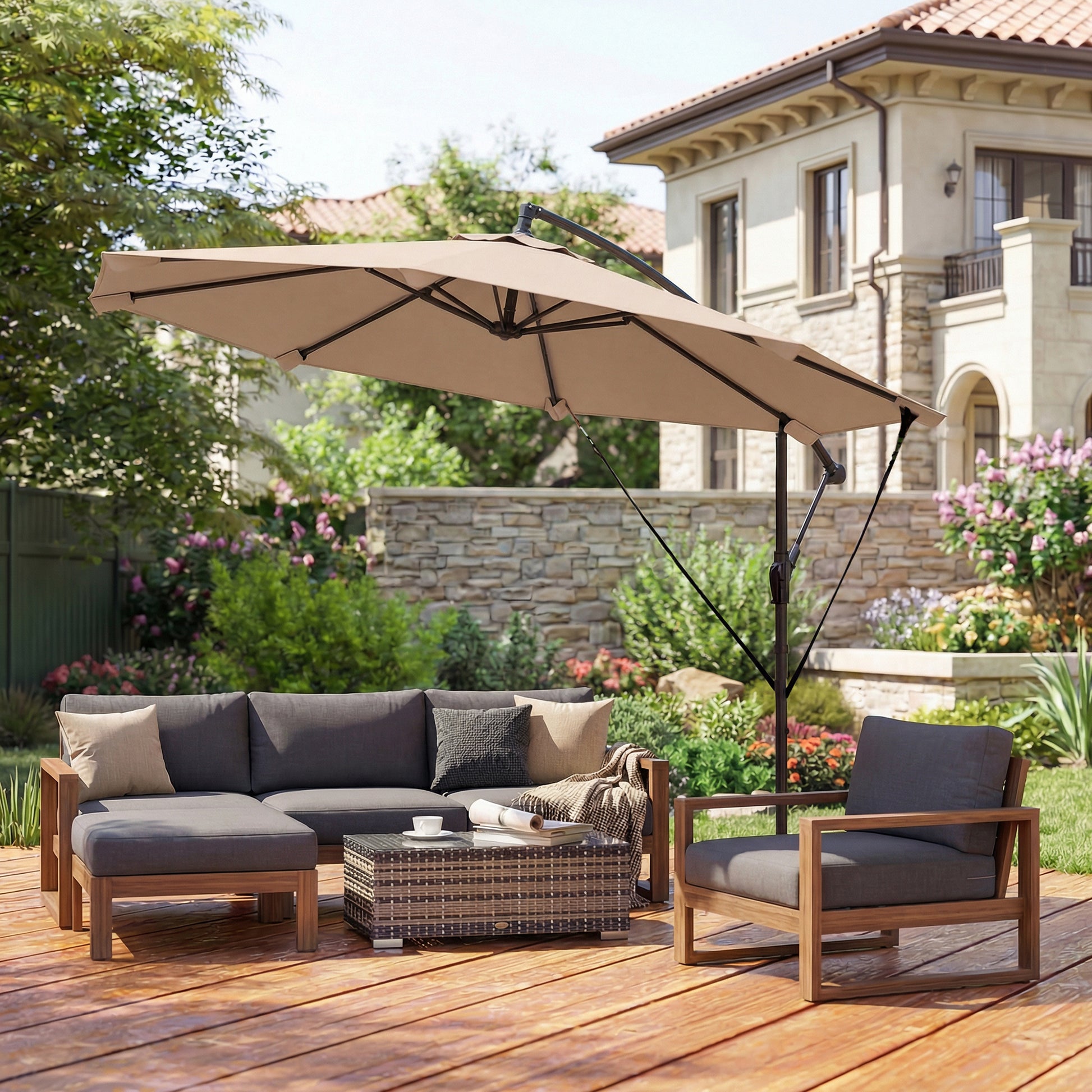 Outsunny Parasol Excéntrico, Ø300 cm, Sombrilla de Jardín con Base Cruzada, Manivela, Funda Protectora y Cuerdas de Viento, UPF30+, para Terraza, Patio, Caqui