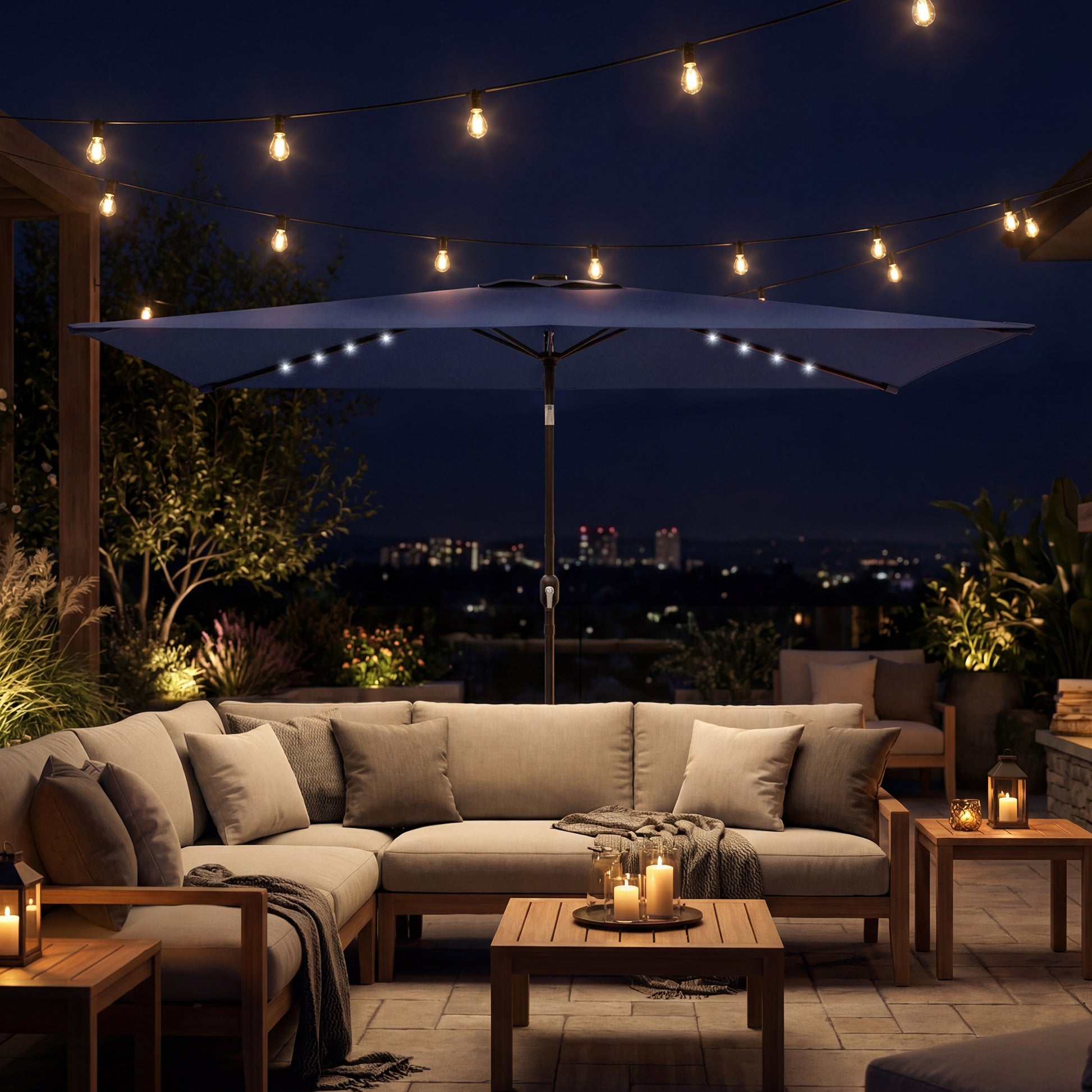 Outsunny Sombrilla Terraza Exterior, 2,9x2,5 m, Sombrilla de Jardín con 24 Luces LED Solares, Dosel Inclinable, Poste Metálico, Parasol para Patio, Terraza, Azul Oscuro