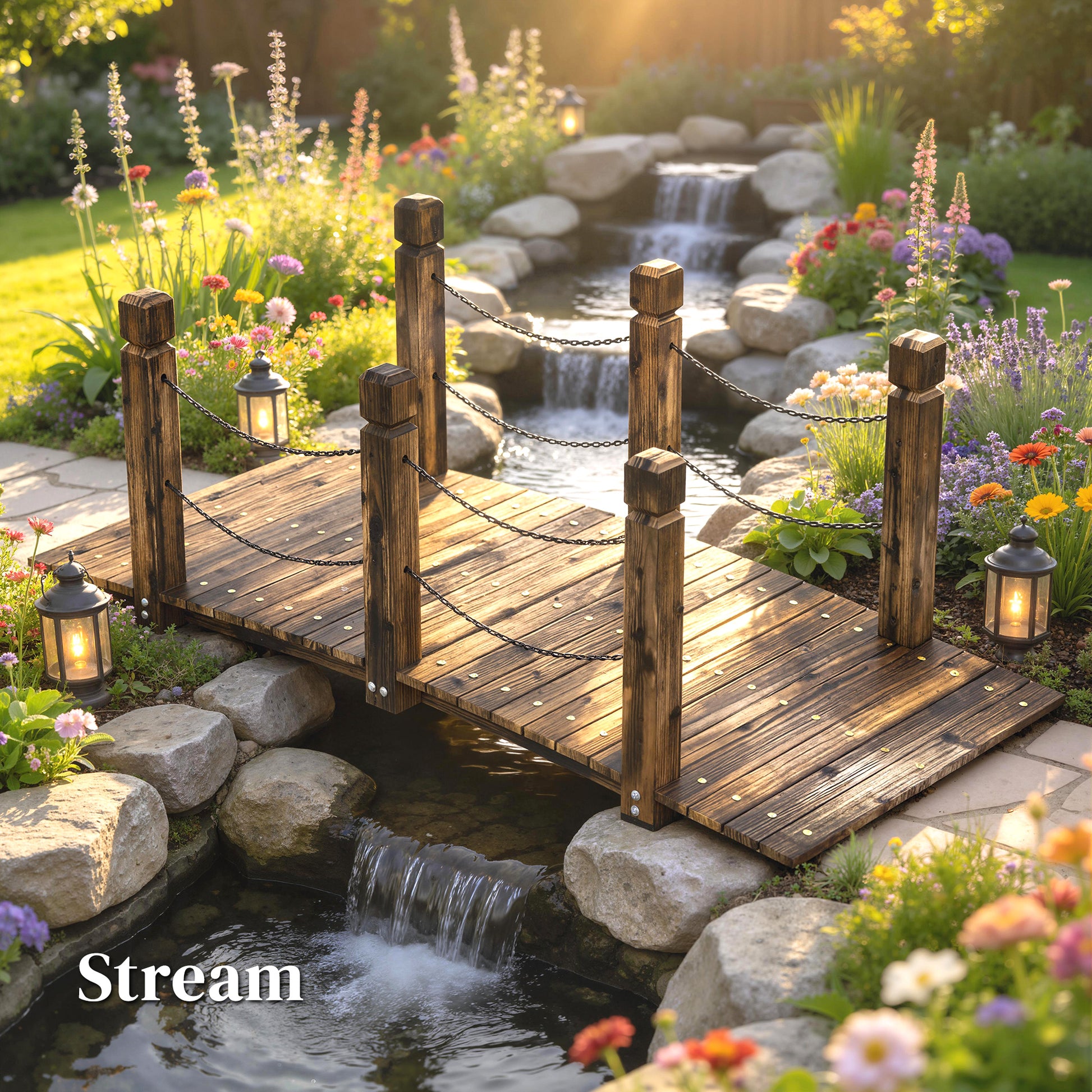 Outsunny Puente de Jardín de Madera, 1,51 m, Puente Decorativo para Estanques Rústico con Barandillas de Seguridad, Carga 200 kg, Construcción Resistente, Carbonizado