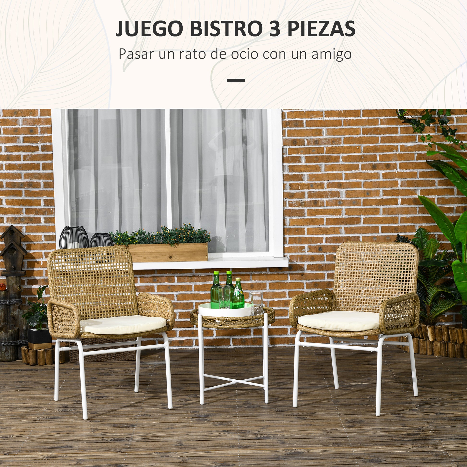 Outsunny Conjunto de Muebles de Jardín Juego de 3 Piezas Sillas y Mesa de Ratán con 2 Sillas 1 Mesa de Centro y Cojines para Terraza Patio Natural