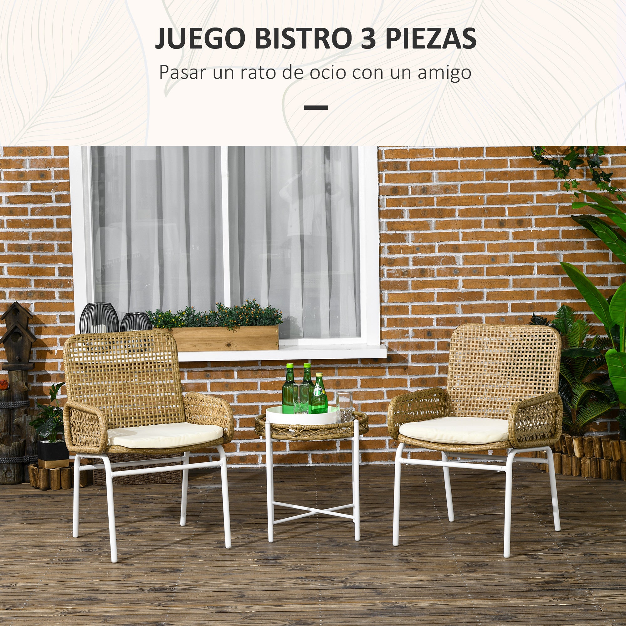 Outsunny Conjunto de Muebles de Jardín Juego de 3 Piezas Sillas y Mesa de Ratán con 2 Sillas 1 Mesa de Centro y Cojines para Terraza Patio Natural