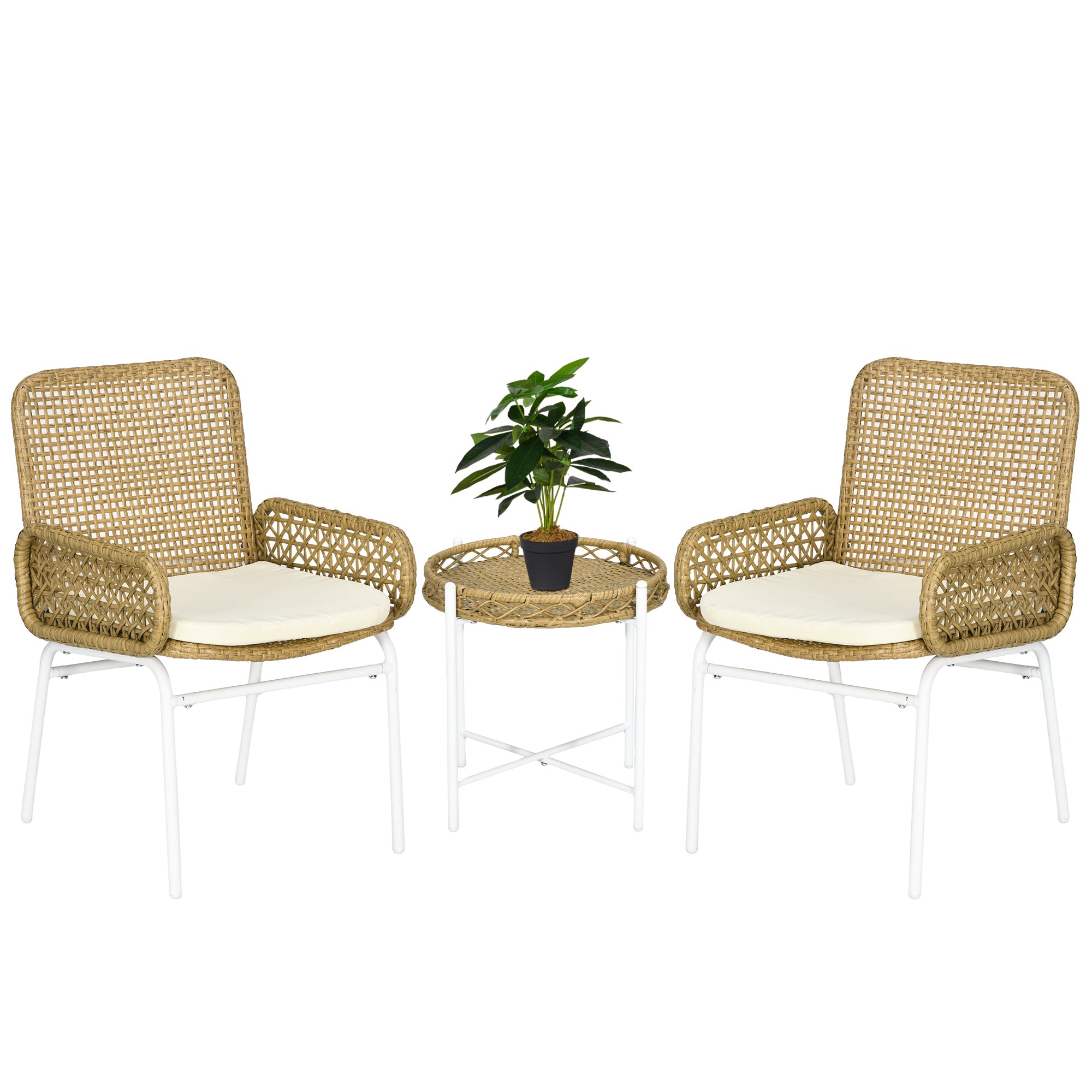 Outsunny Conjunto de Muebles de Jardín Juego de 3 Piezas Sillas y Mesa de Ratán con 2 Sillas 1 Mesa de Centro y Cojines para Terraza Patio Natural