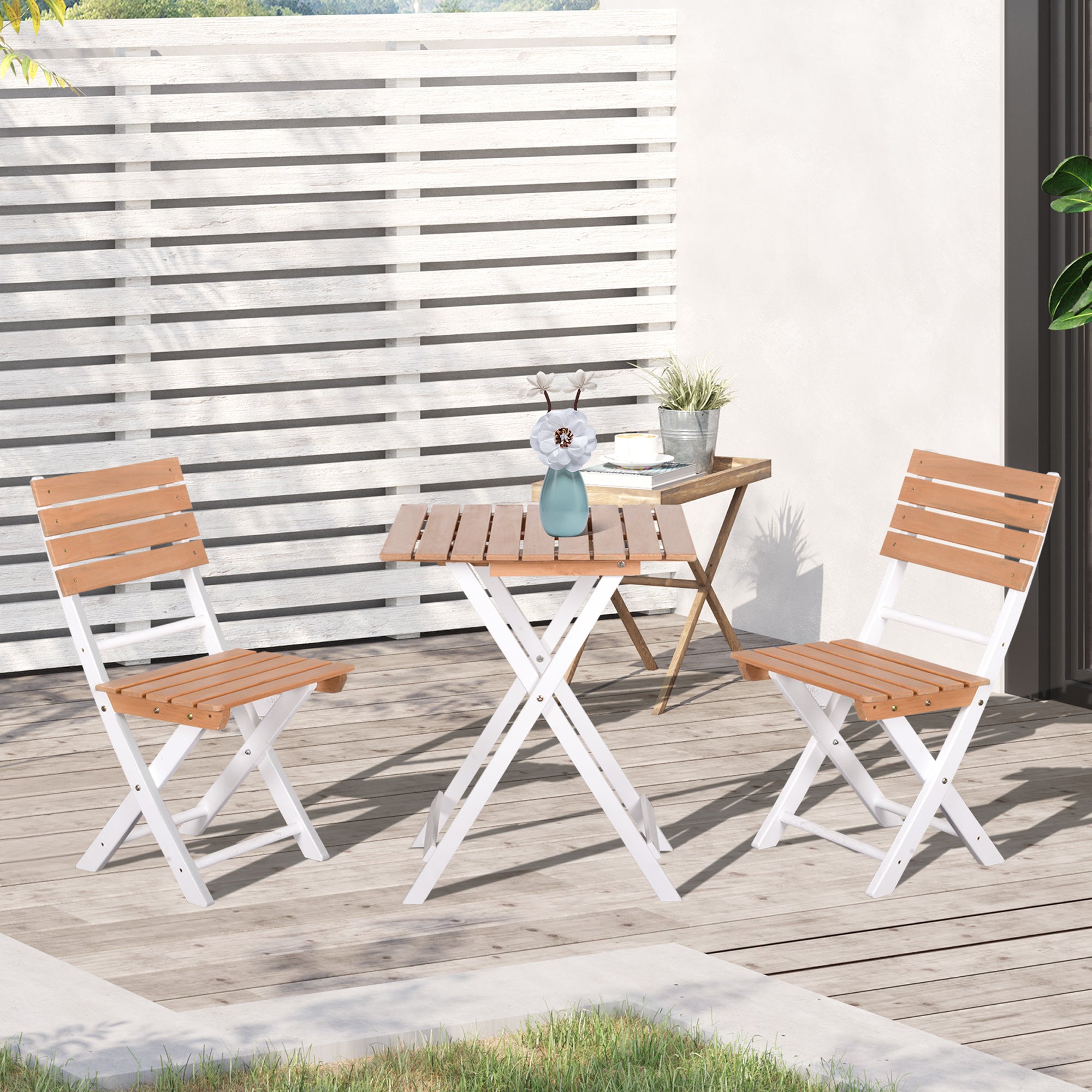 Outsunny Conjunto de Muebles de Jardín de 3 Piezas Muebles de Exterior Plegable con 1 Mesa y 2 Sillas de Madera para Terraza Patio Balcón Natural