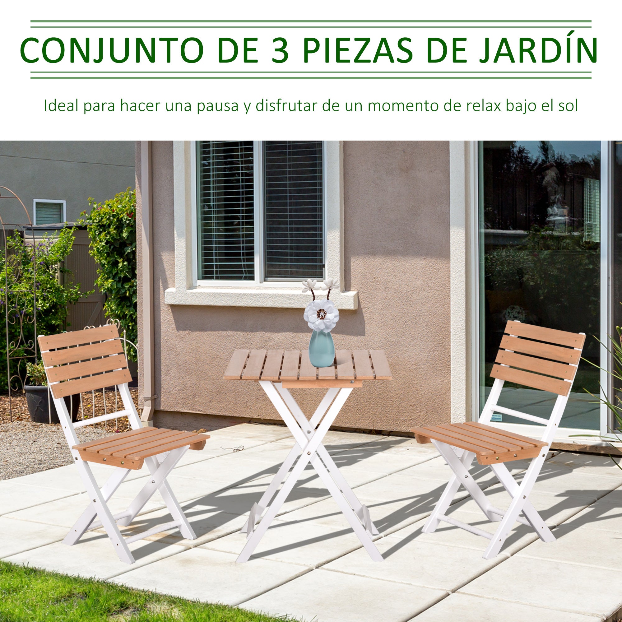 Outsunny Conjunto de Muebles de Jardín de 3 Piezas Muebles de Exterior Plegable con 1 Mesa y 2 Sillas de Madera para Terraza Patio Balcón Natural