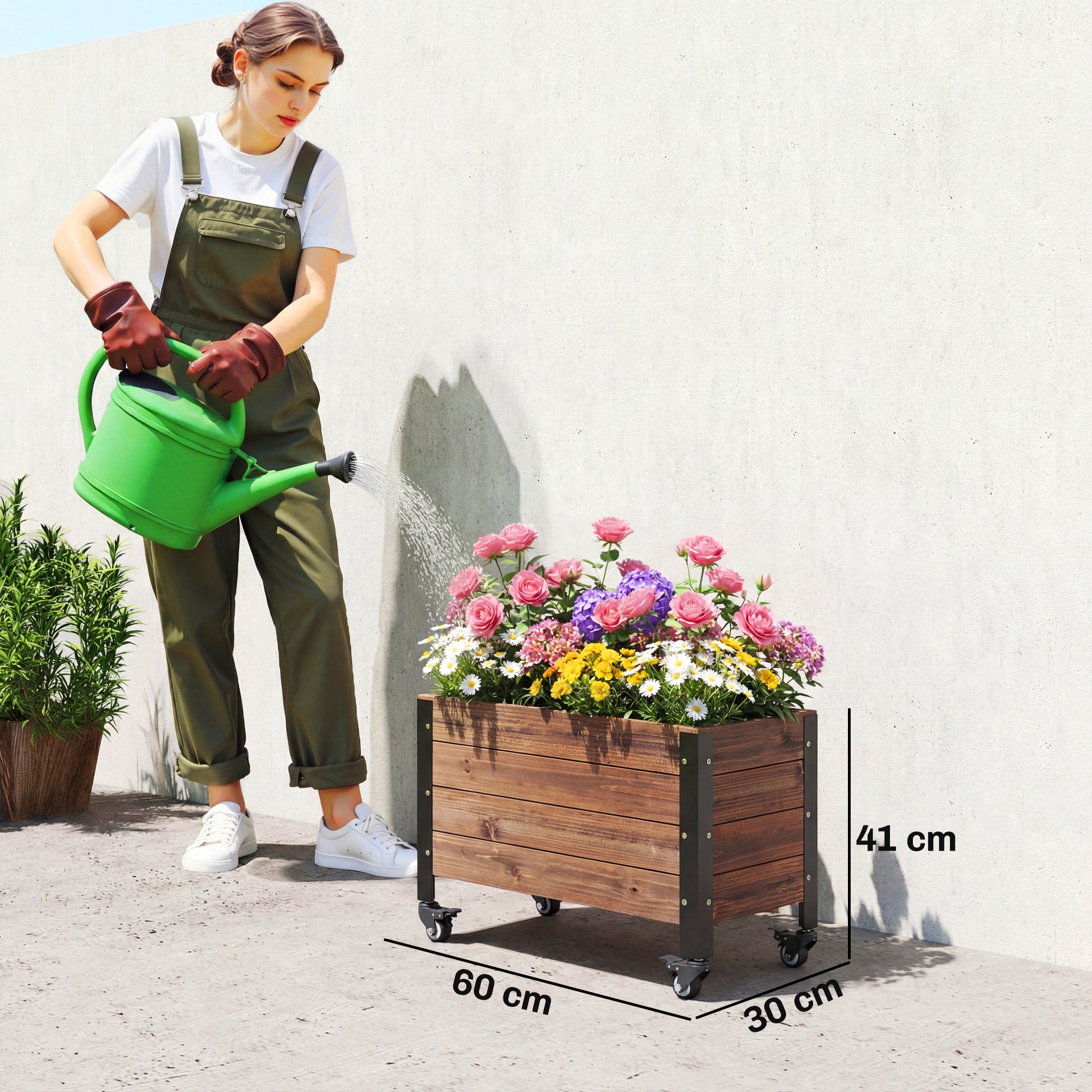 Outsunny Jardinera Exterior de Madera con Ruedas, Huerto Urbano Elevado con Orificio de Drenaje y Tela no Tejida, Macetero Exterior Rectangular para Jardín, Terraza, 60x30x41 cm, Marrón Oscuro