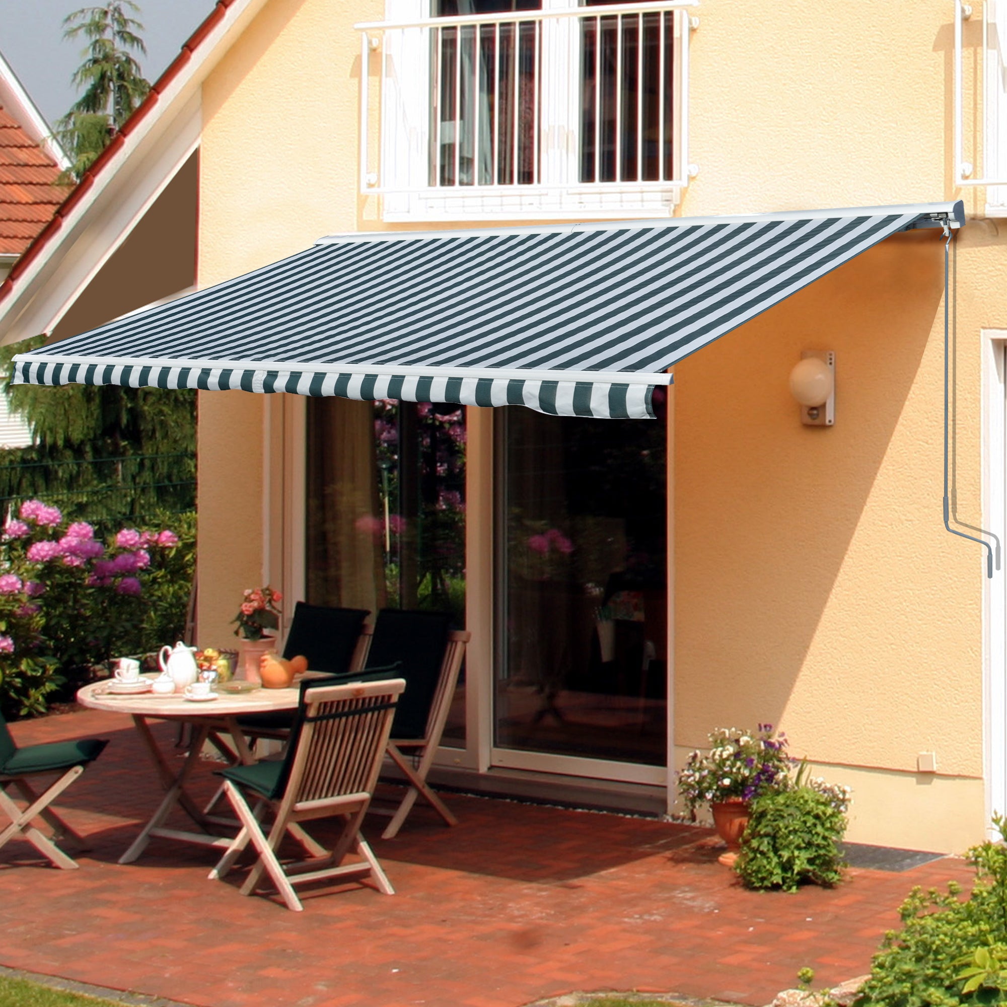 Outsunny Toldo Eléctrico Retráctil con Función Manual con Manivela y Mando a Distancia 300x250 cm para Ventanas Puertas de Rayas Verde y Blanco