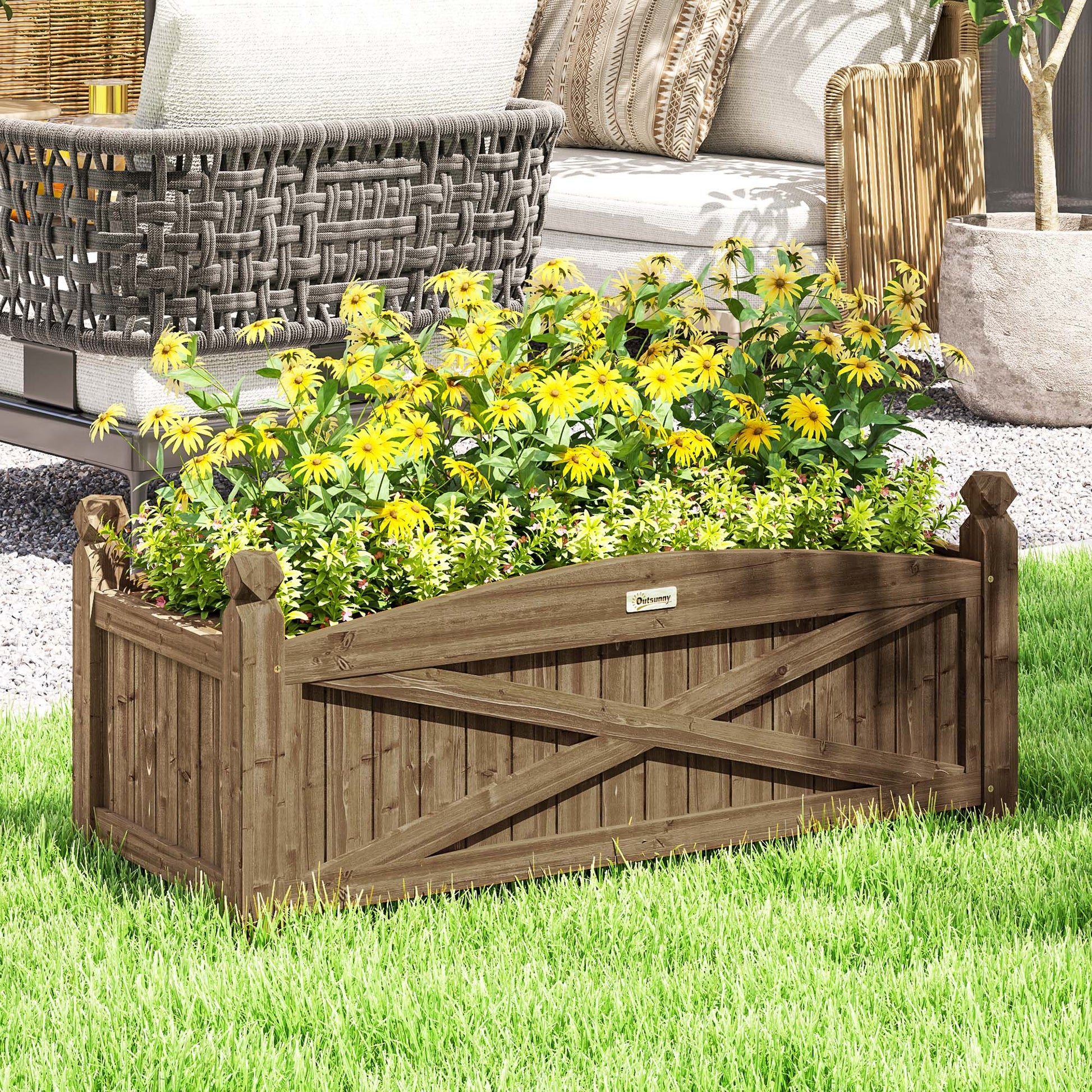 Outsunny Jardinera de Madera Elevada Huerto Urbano Madera para Cultivar Plantas Flores Hierba Jardinera Rectangular para Jardín Balcón Terraza 90x39x37 cm Café Oscuro