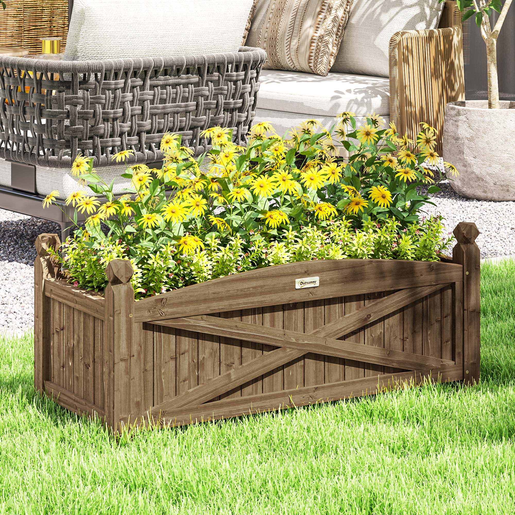 Outsunny Jardinera de Madera Elevada Huerto Urbano Madera para Cultivar Plantas Flores Hierba Jardinera Rectangular para Jardín Balcón Terraza 90x39x37 cm Café Oscuro