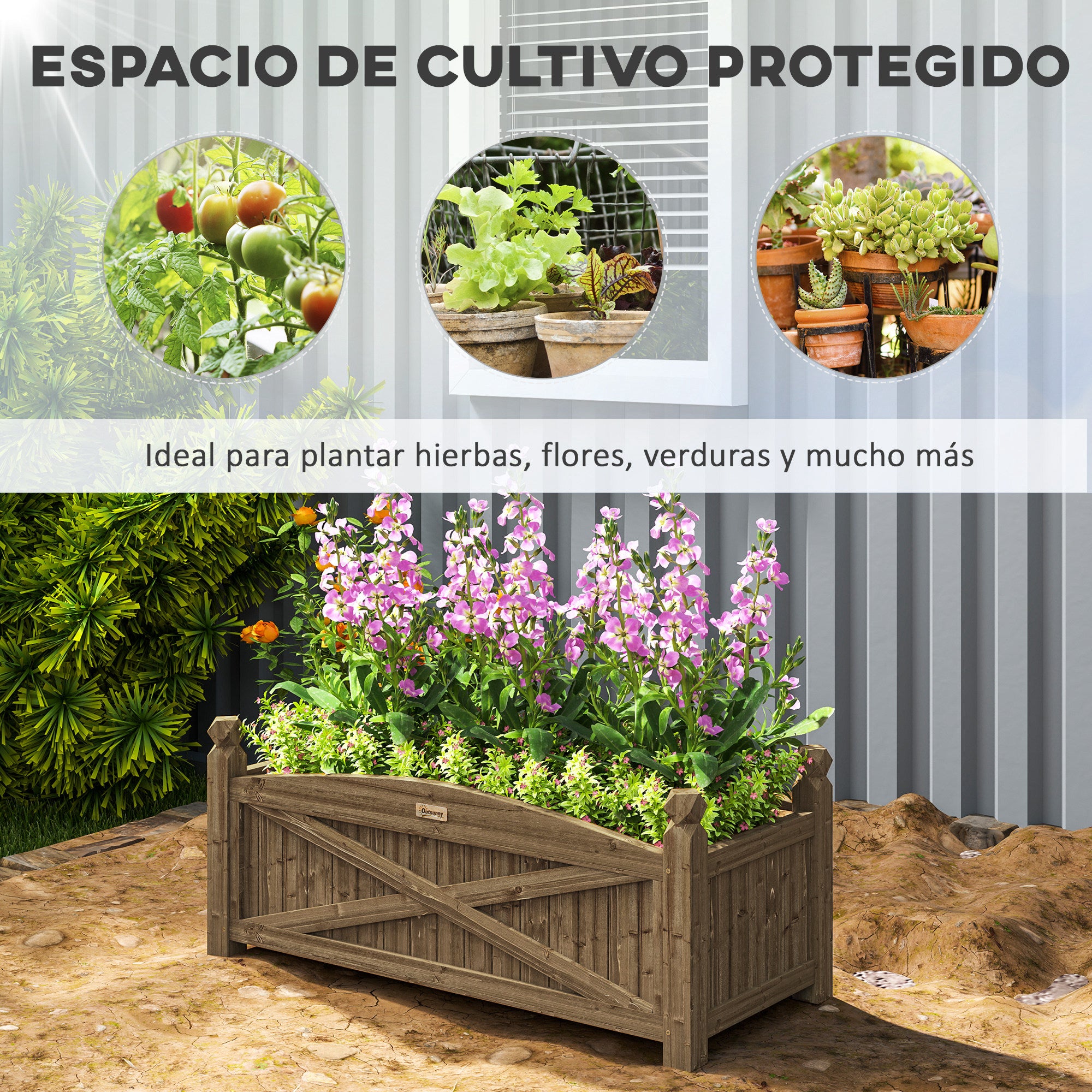 Outsunny Jardinera de Madera Elevada Huerto Urbano Madera para Cultivar Plantas Flores Hierba Jardinera Rectangular para Jardín Balcón Terraza 90x39x37 cm Café Oscuro