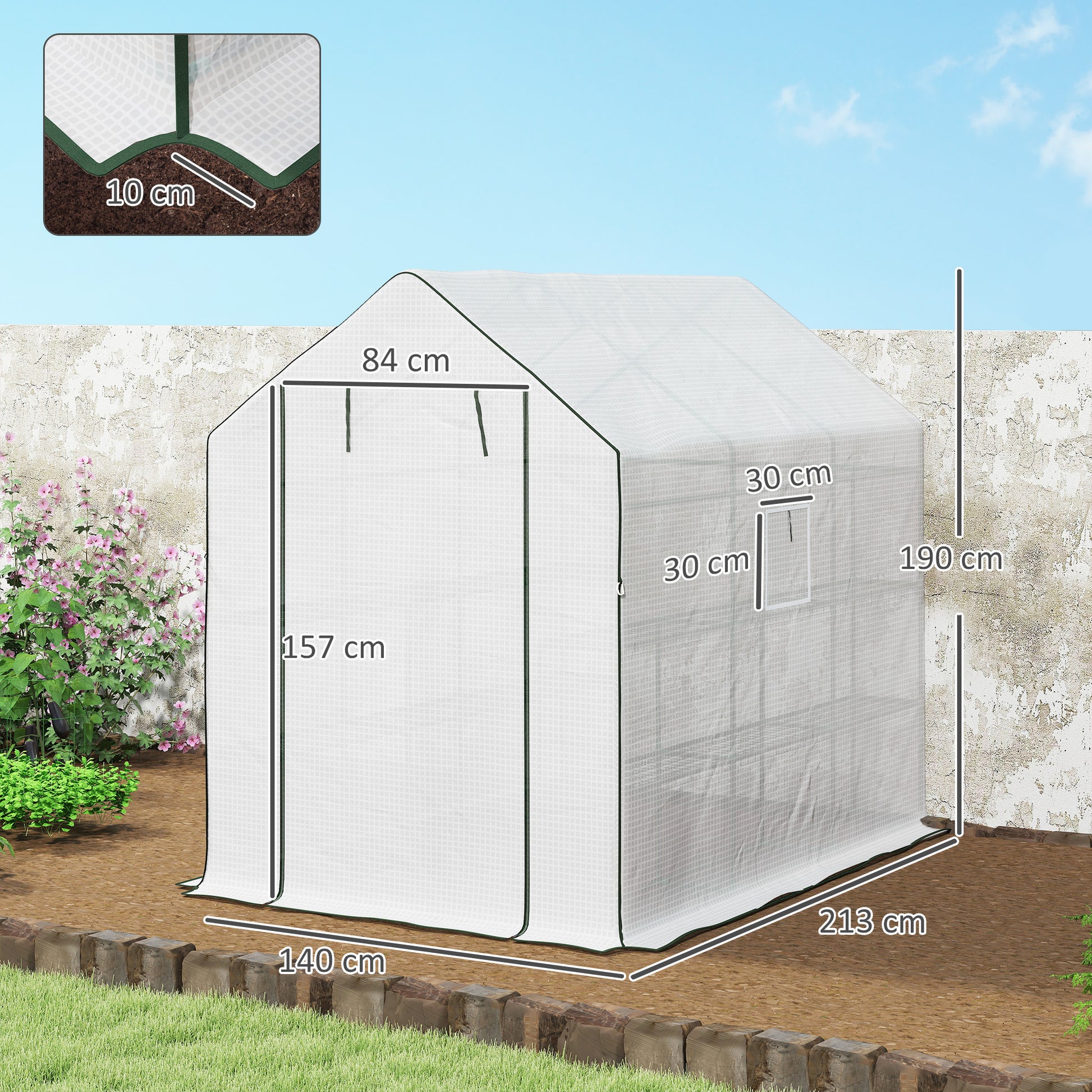 Outsunny Invernadero de Jardín de 3 Niveles, Invernadero de Exterior con 12 Estantes, Puerta Enrollable, Ventanas, Anti-UV, Cubierta de PE 135g/m² para Cultivos, Plantas, Flores, 140x213x190 cm Blanco