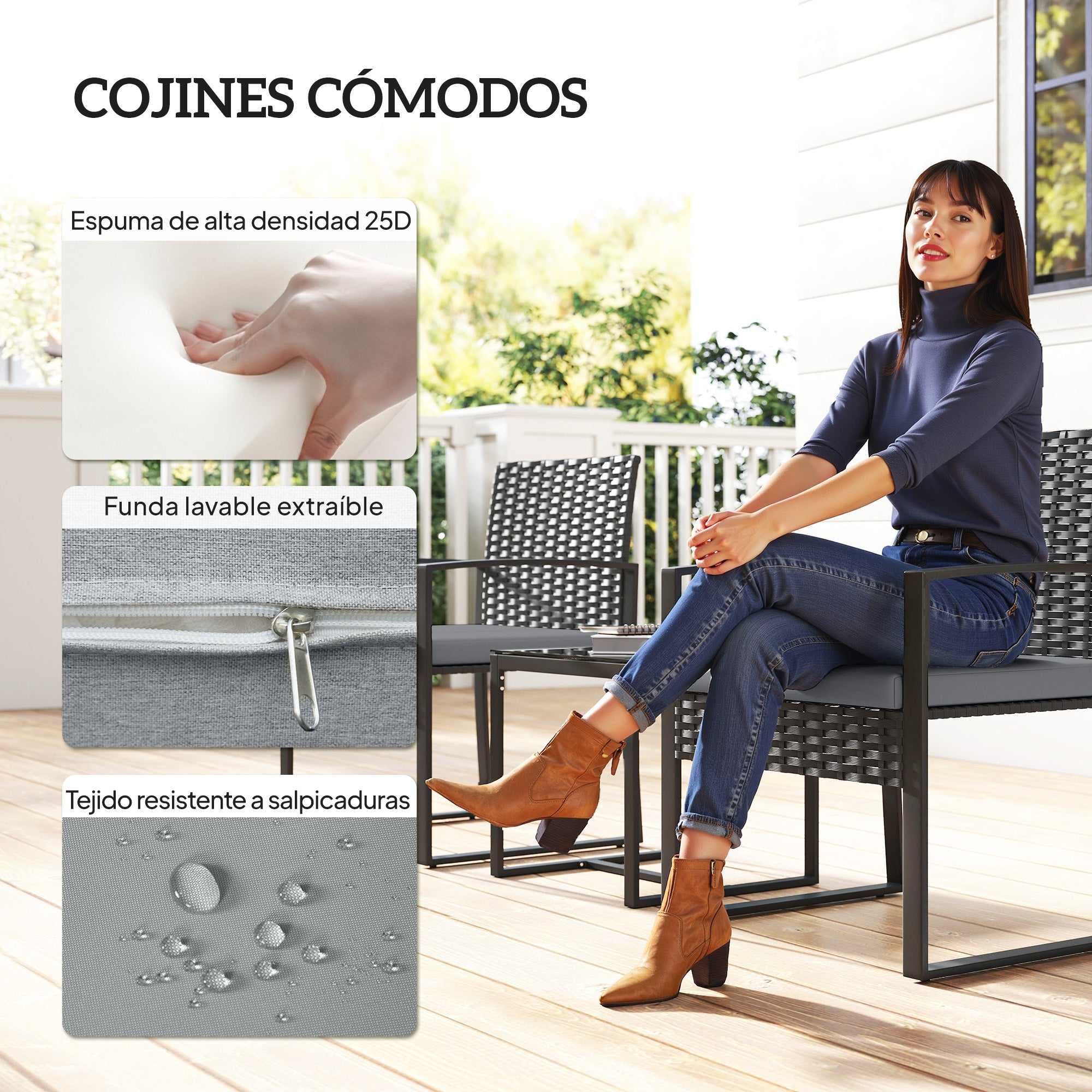 Outsunny Conjunto de Jardín Exterior de 3 Piezas, Muebles Jardín Exterior de Ratán con 2 Sillas con Cojines Lavables y Mesa de Vidrio Templado, Resistente a Intemperie, para Balcón, Patio, Gris Claro