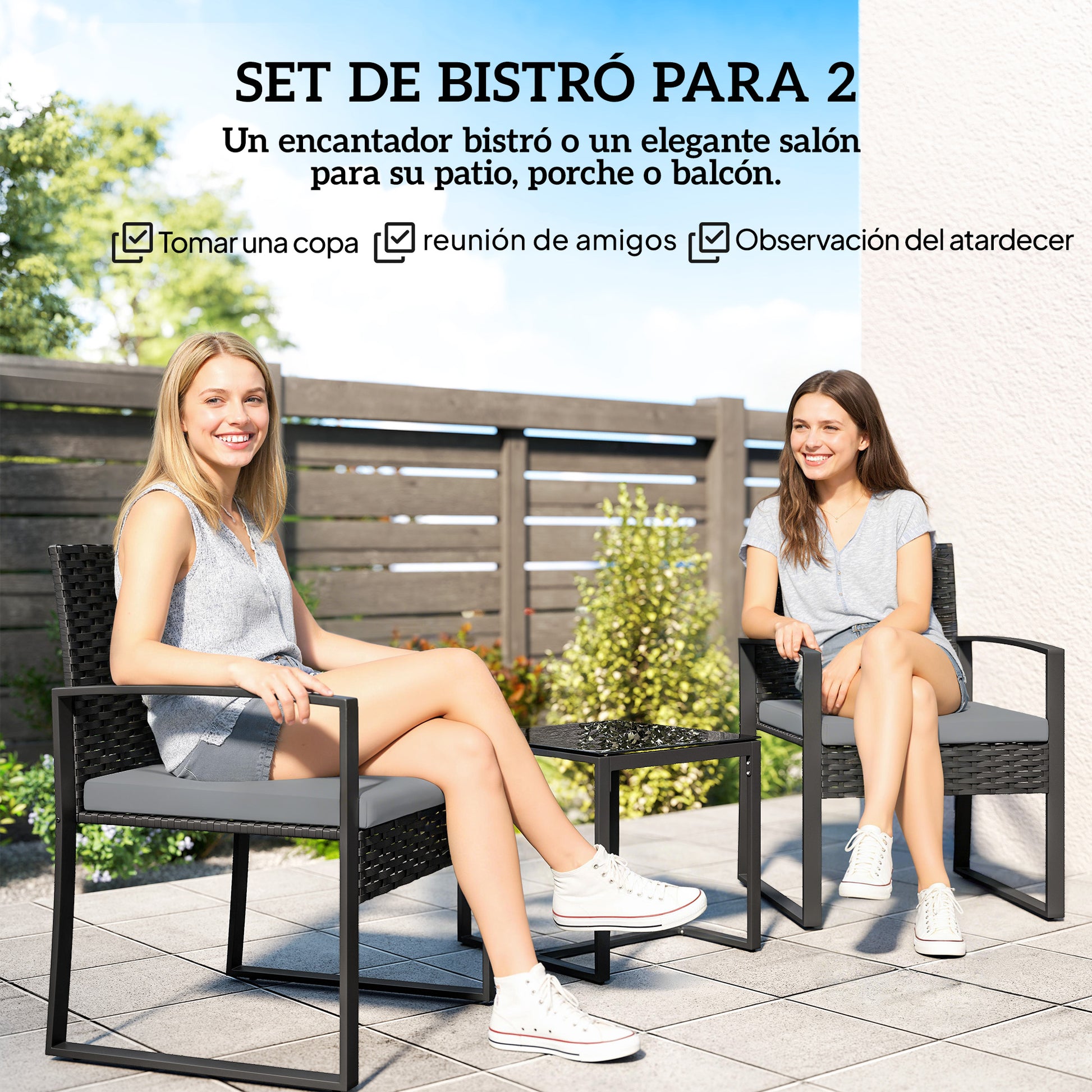 Outsunny Conjunto de Jardín Exterior de 3 Piezas, Muebles Jardín Exterior de Ratán con 2 Sillas con Cojines Lavables y Mesa de Vidrio Templado, Resistente a Intemperie, para Balcón, Patio, Gris Claro
