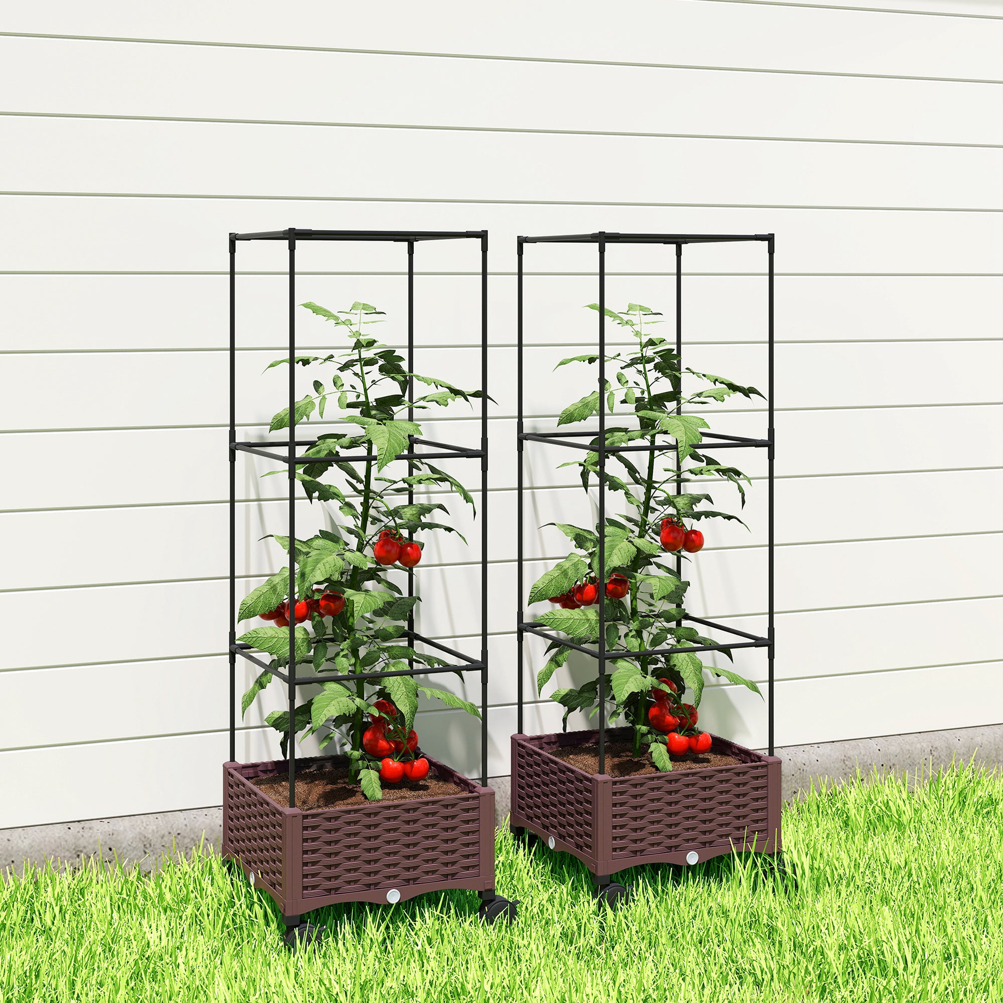 Outsunny Jardinera con Enrejado Ajustable, Jardinera Exterior con Ruedas Bloqueables para Plantas Trepadoras con Ofricios de Drenaje, Macetero Elevado para Jardín, Patio, Terraza, 40x40x165 cm, Marrón