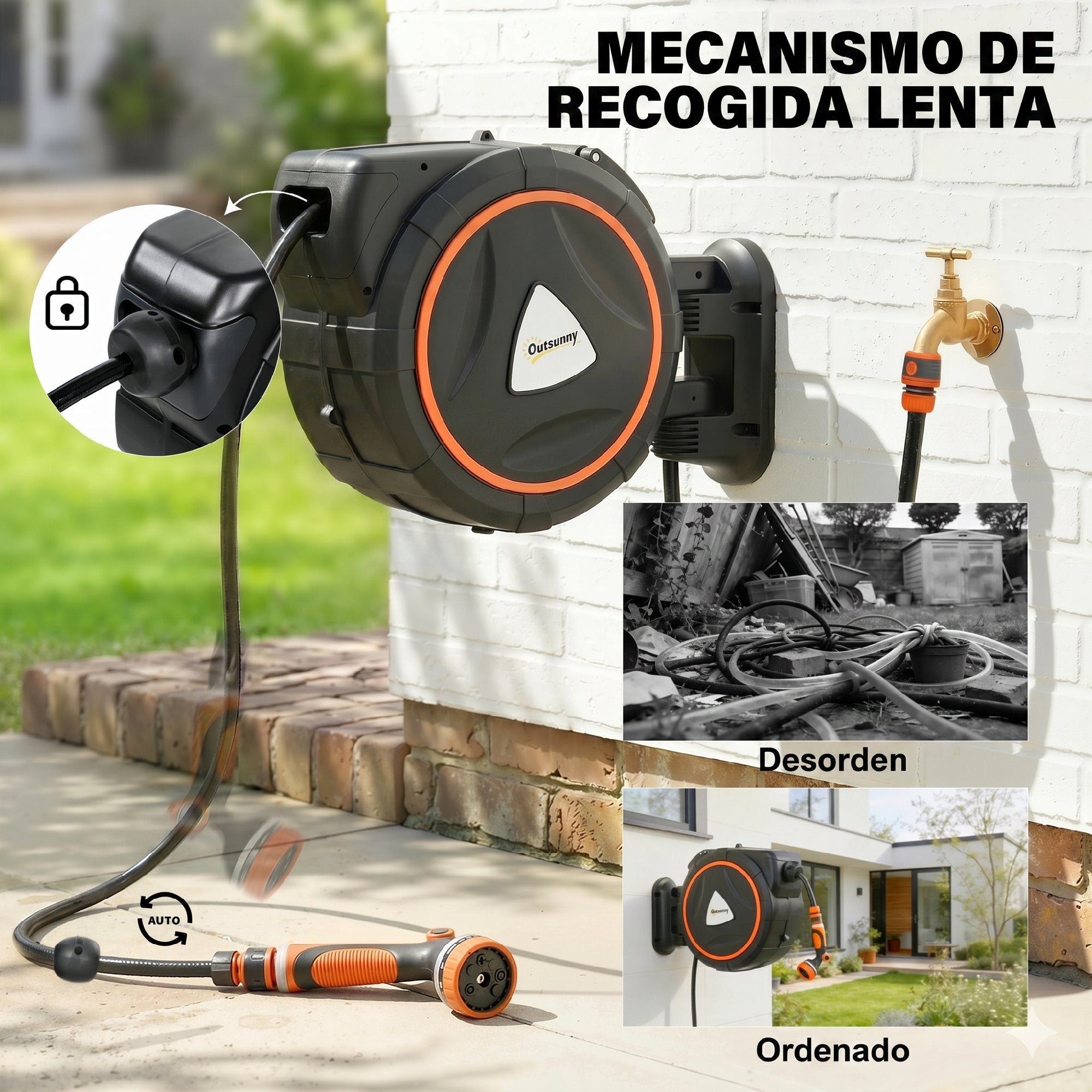 Outsunny Enrollador de Manguera para Jardín 23+2 m con 12 Modos de Rociado, Carrete de Manguera de Jardín de Pared con Bloqueo Automático y Retracción Controlada, Soporte Orientable 180°, Naranja