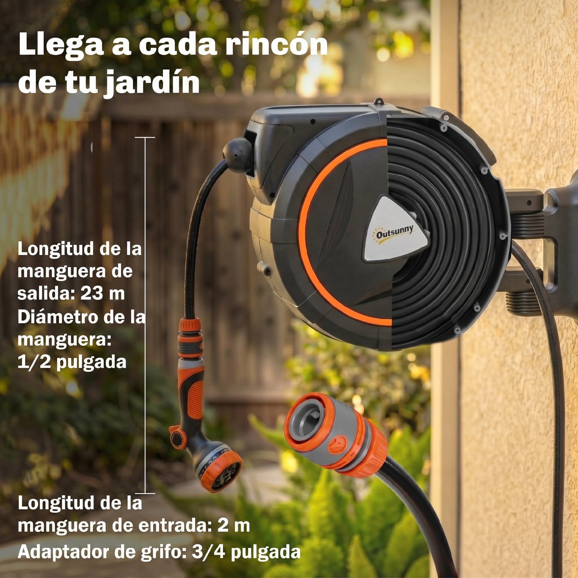 Outsunny Enrollador de Manguera para Jardín 23+2 m con 12 Modos de Rociado, Carrete de Manguera de Jardín de Pared con Bloqueo Automático y Retracción Controlada, Soporte Orientable 180°, Naranja