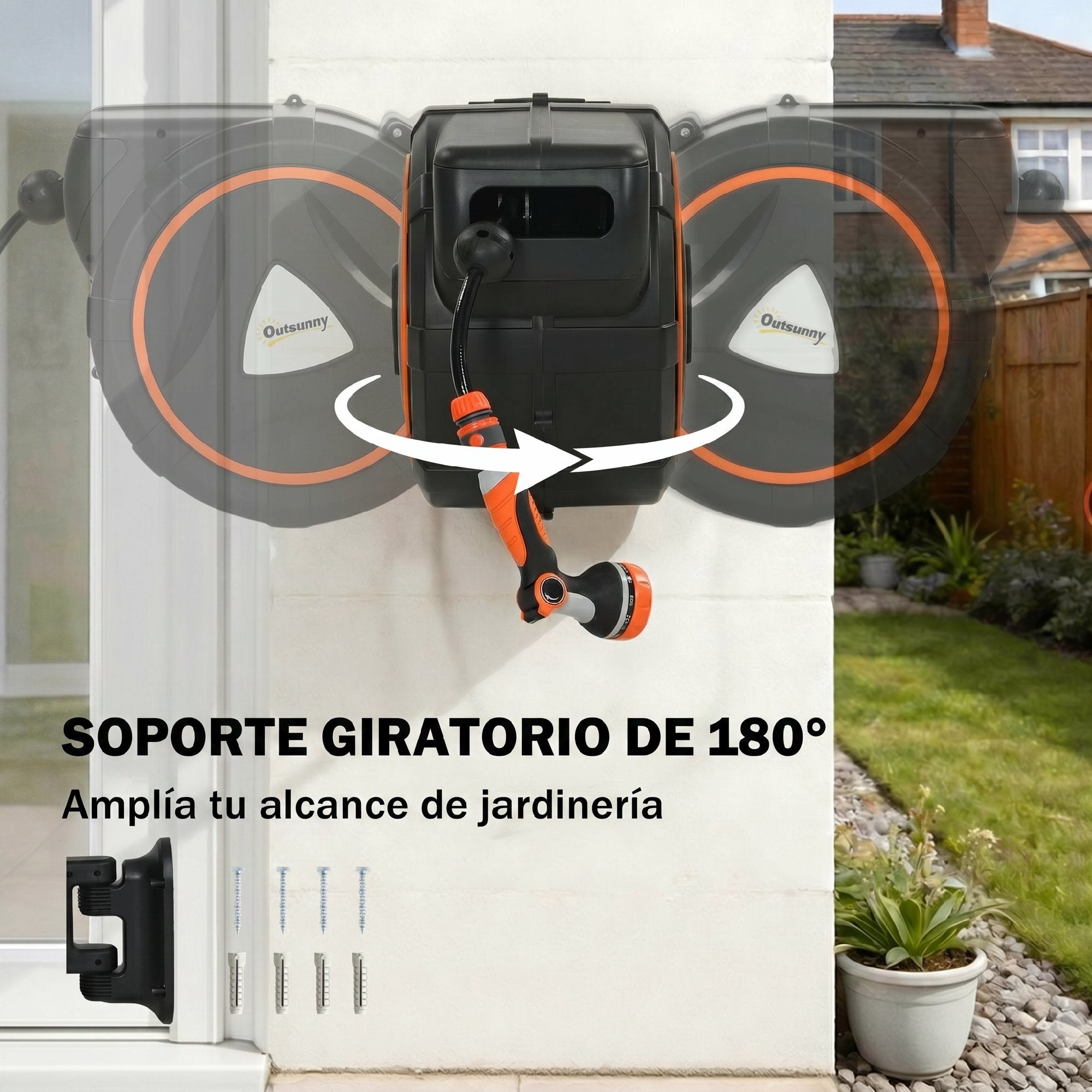 Outsunny Enrollador de Manguera para Jardín 23+2 m con 12 Modos de Rociado, Carrete de Manguera de Jardín de Pared con Bloqueo Automático y Retracción Controlada, Soporte Orientable 180°, Naranja