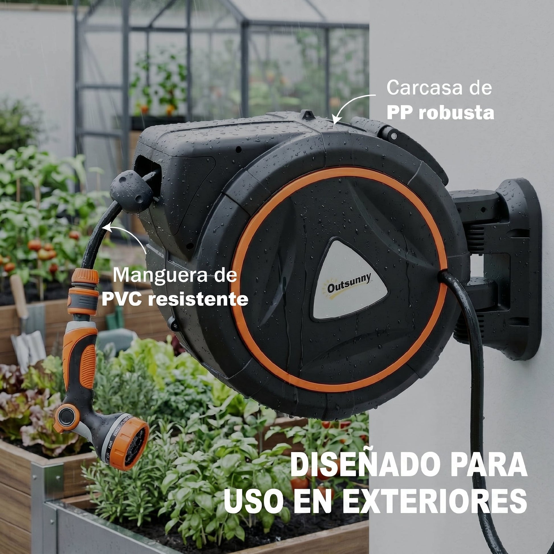 Outsunny Enrollador de Manguera para Jardín 23+2 m con 12 Modos de Rociado, Carrete de Manguera de Jardín de Pared con Bloqueo Automático y Retracción Controlada, Soporte Orientable 180°, Naranja