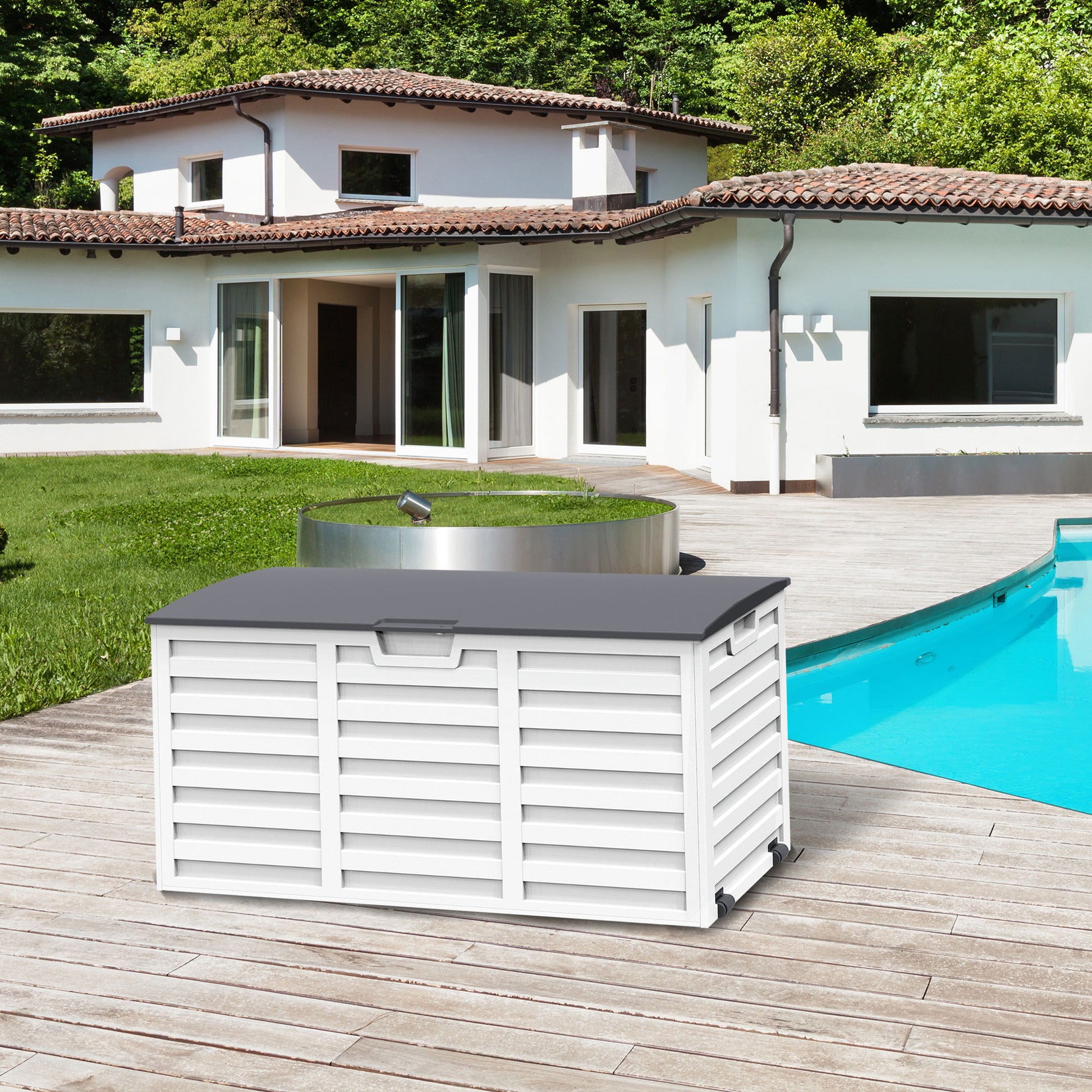 Outsunny Baúl de Almacenamiento Exterior 260L con Asas y Ruedas Incorporados Ojos de candado Arcón para Patio Jardín Piscina 112x49x53,5 cm Blanco